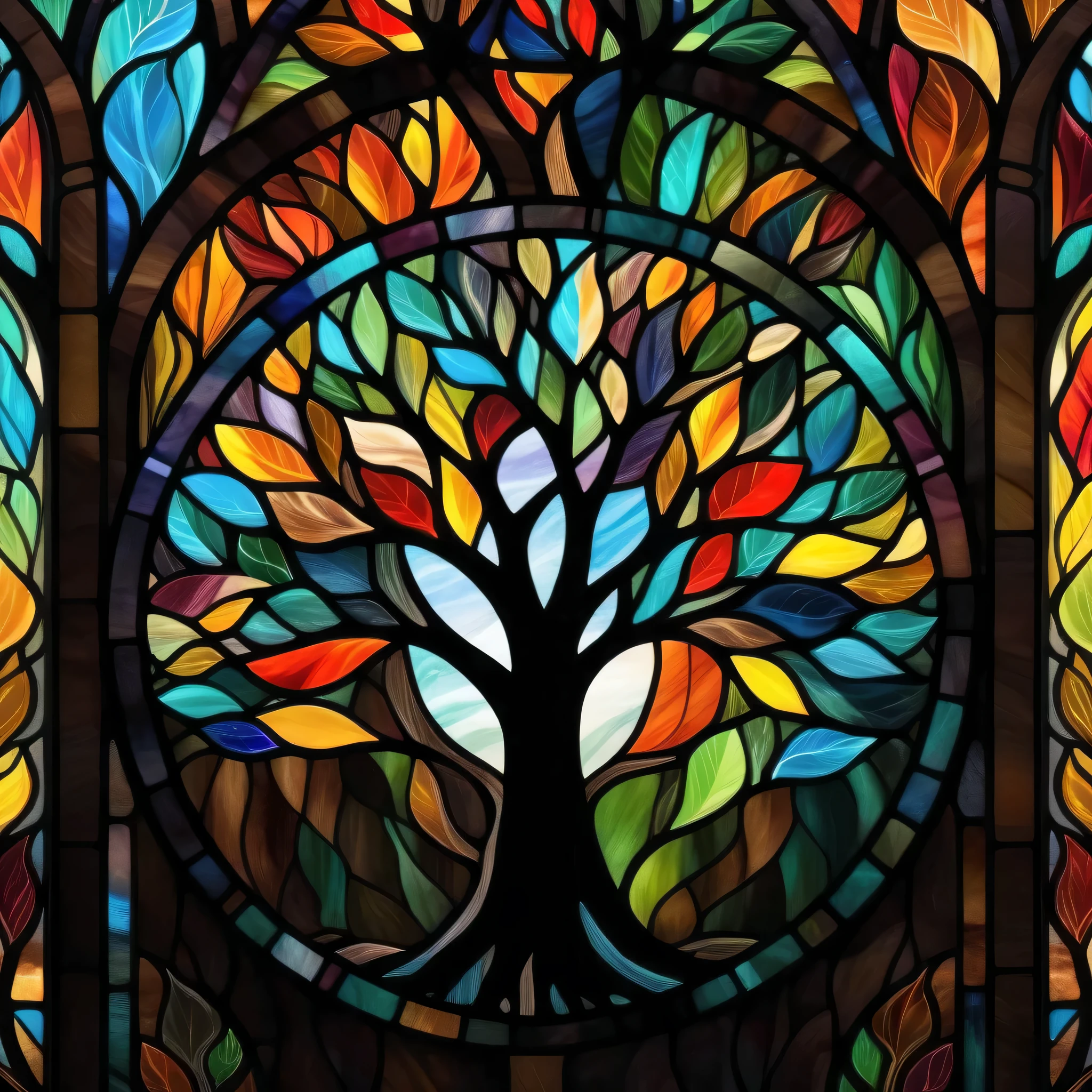 (((masterpiece))), logo design, best quality, illustration, A tree of life that looks like stained glass, (colorful leaves:1.2), black trunk, vector art