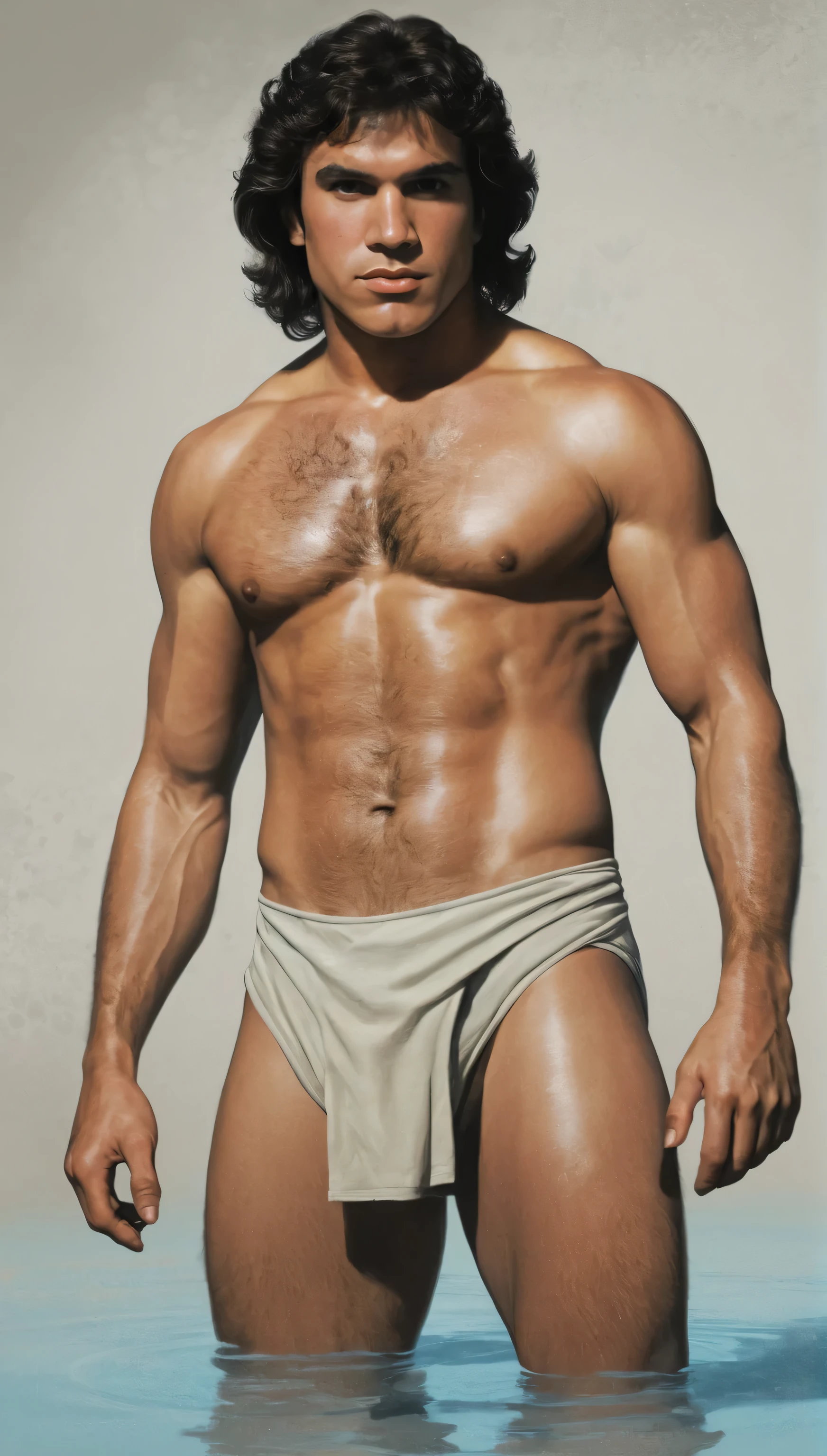 An illustrated movie poster, hand-drawn, full color, a jedi man, 25 years-old, wearing patched trunks, resembles a young Lou Ferrigno, sun-tanned skin, round face, average height, broad shoulders, soft belly, deep brown eyes, wide bulbous nose, black hair, very curly hair, thick bushy eyebrows, extremely hairy chest, stomach, and arms, lots of body hair, posing on in a hot spring, wet listening skin, hard shadows, graphite shading, stencil marks, airbrushed acrylic paint, masterpiece, in the style of Skyrim