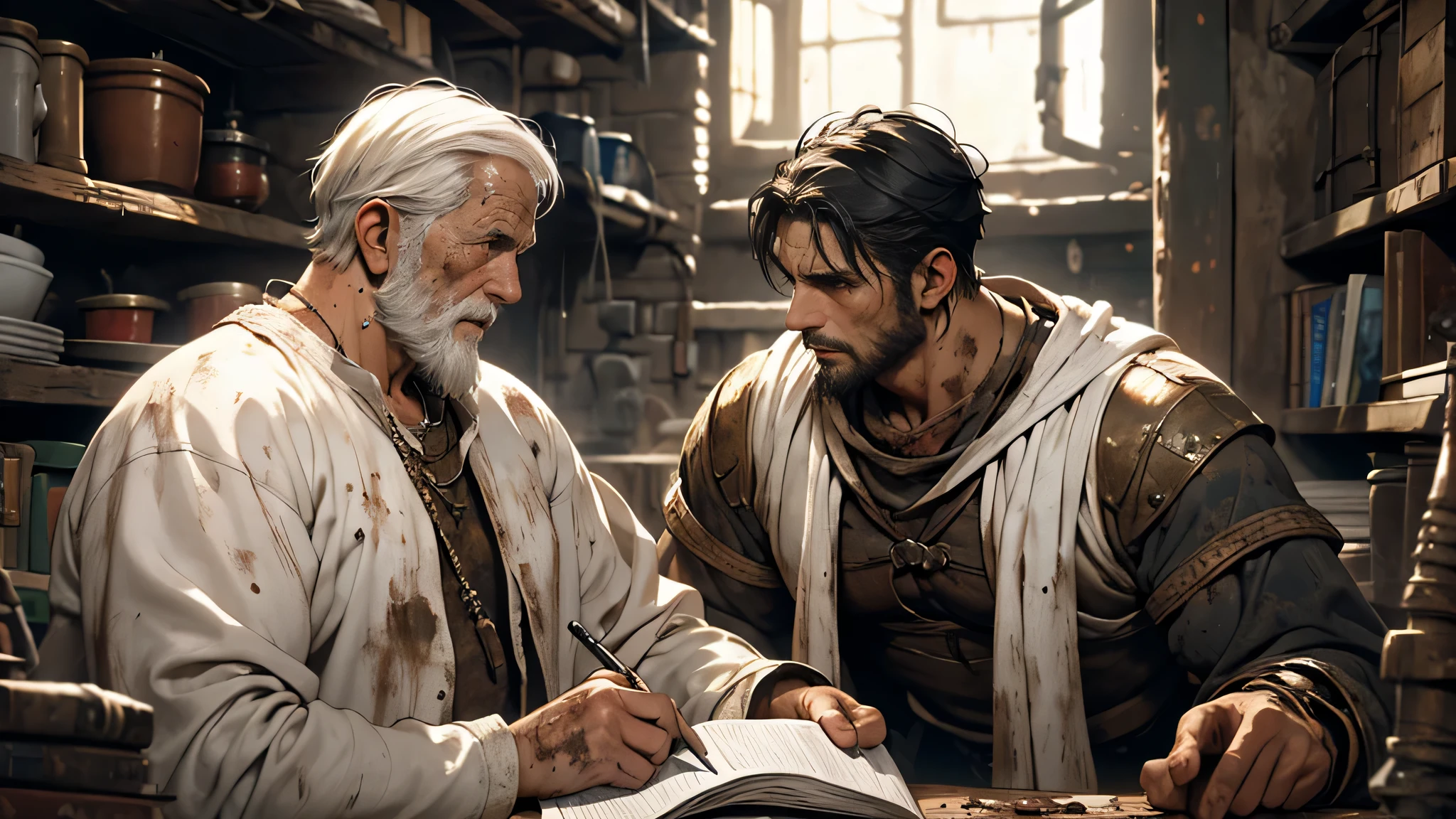 a black-haired man dressed in shabby white clothes, in a cramped, dirty and dirty prison, sad face, talking to an old man in his 80s, conditions in a cramped and shabby dungeon, medieval fantasy theme.