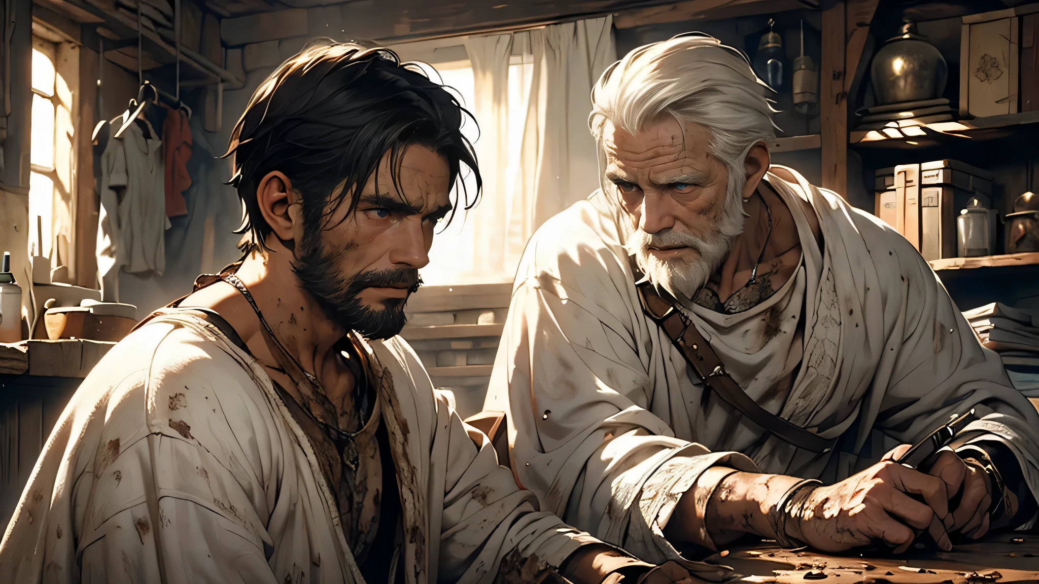 a black-haired man dressed in shabby white clothes, in a cramped, dirty and dirty prison, sad face, talking to an old man in his 80s, conditions in a cramped and shabby dungeon, medieval fantasy theme.