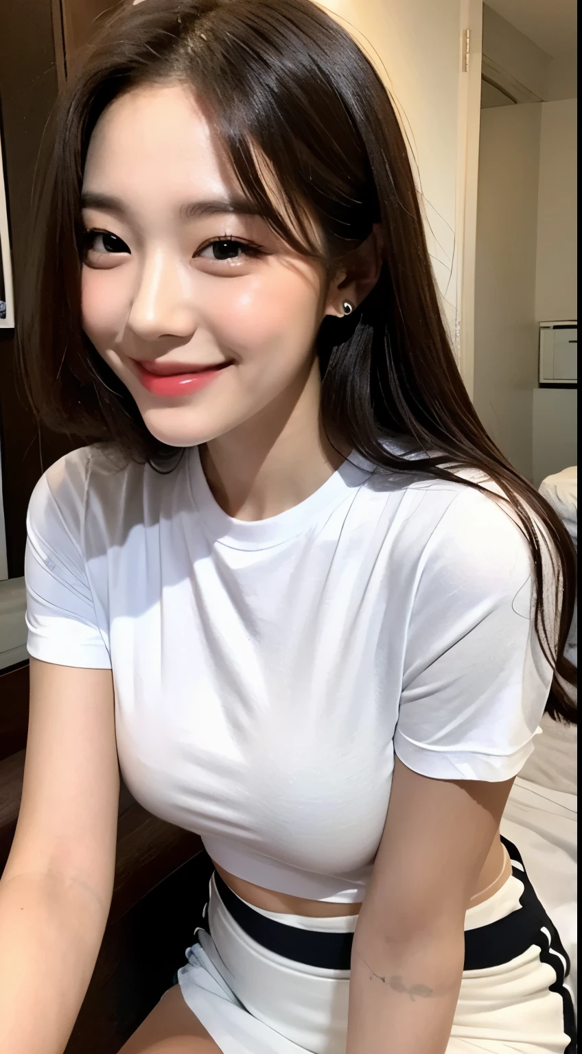 white tight shirt、white tight mini skirt、bed、smile、short sleeve、high resolution、Korean idol face