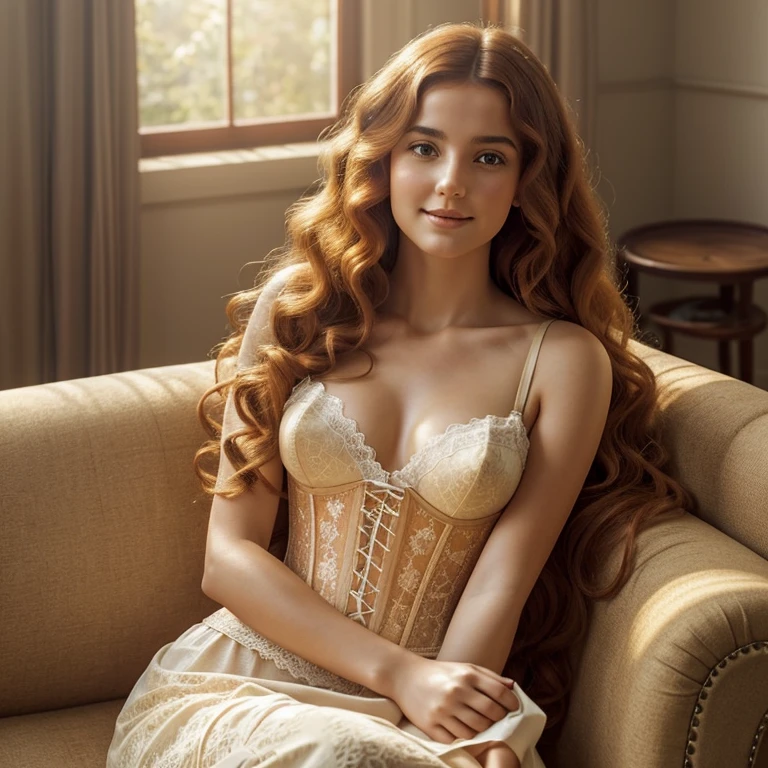 in a room illuminated by the warm rays of the sun, a young woman in a delicate apricot-colored lace corset is relaxing at ease on a comfortable sofa, long scarlet hair with delicate curls, inspired by Sophie Pemberton, Shutterstock, classical realism, sun rays on the face, ray tracing, scattering, lighting, light smile