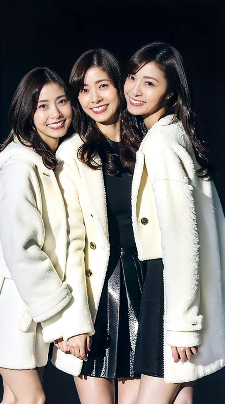8K, RAW photo, full body photo, realistic: 1.25), (lip gloss, eyelash, shiny face, Glossy skin, super beautiful sexy japanese woman, 20-year-old, highest quality, ultra high resolution, Depth of the bounds written, chromatic aberration, caustics, moist lips, ultra cropped face, Shining Detail Eyes, half up dark brown hair, Snazzy, same height, white long coat, thick long coat, long feather coat, black knit dress, black mini skirt, black long boots, Three girls standing and hugging each other, big breasts, Sheer