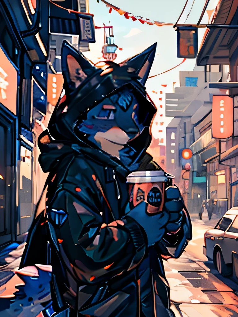 by Zackary911, (coffee soda:1.1), hioshiru, Zackary911, dark blue cat, anthropo, Male, Alone, Clothes, fur, 2022, black Clothes, hood, black tops, closed eyes, black hood, city background Cyberpunk.