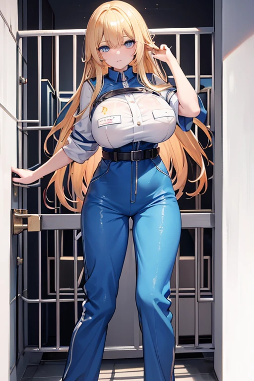 blonde hair, long hair, blue eyes, orange prison jumpsuit, prison uniform, prisoner, prisoned, jailed, jail cell, huge breasts, handcuffed, chained
