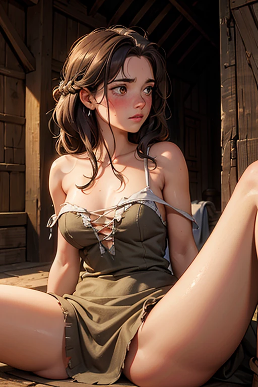 Medieval 19 year old farm girl, in barn, laying down, torn dress, messy hair, sweating, blushing, revealed shoulder, looking away, legs spread apart,