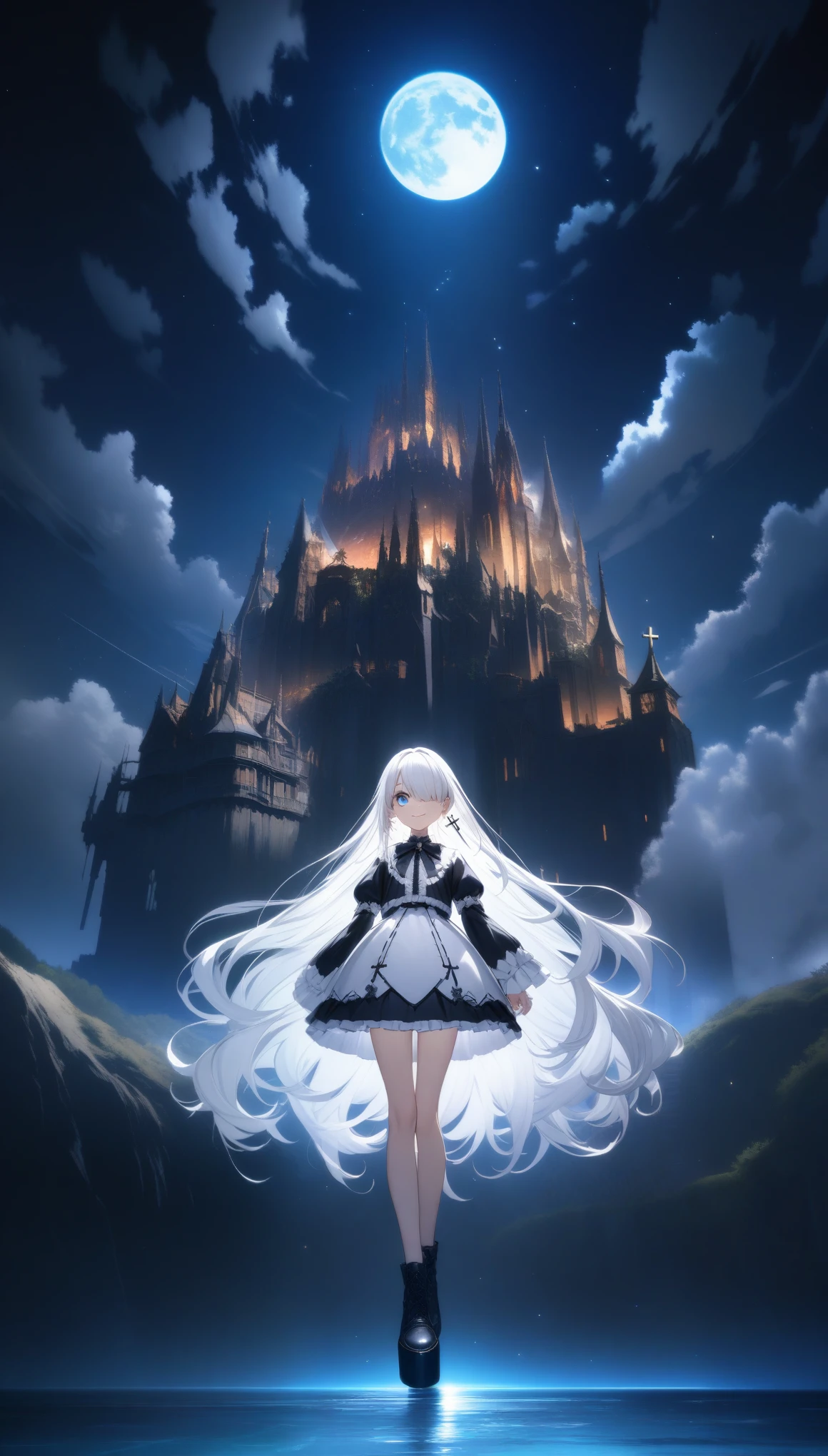 32k, best quality, ultra high res, HDR, UHD, extremely detailed CG, unity 32k wallpaper, (((hight quality))), (((high-level image quality))), (((smile))), (((white gothic lolita))), (((full moon))),  (((hight quality starry sky background))), (((hair over one eye))), (((white hair))), (((Straight long hair))), (((deep blue eyes))), ((())), (((cross earrings))),