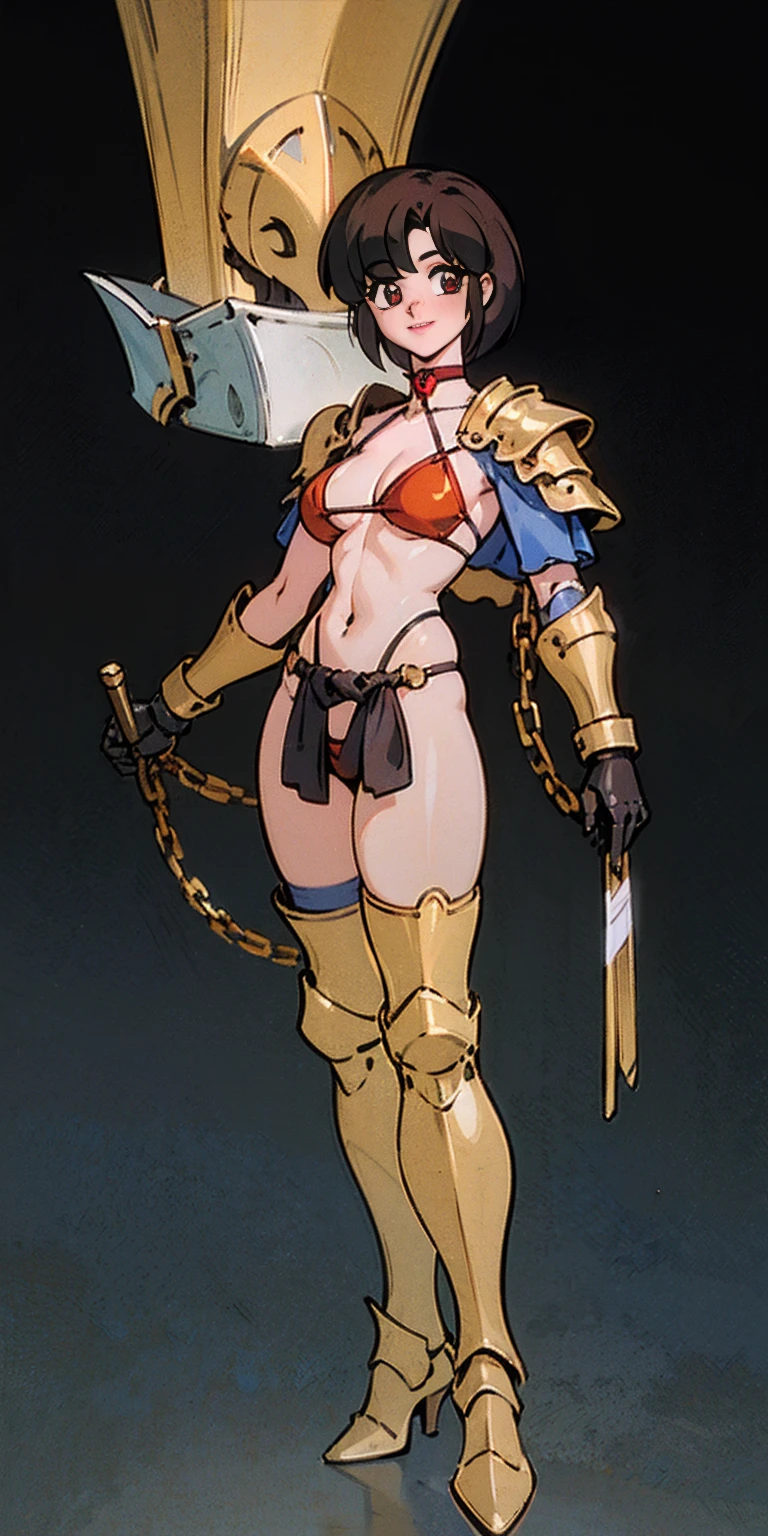 Masterpiece, (flat black background:1.2) solo, detailed face, intricate iris, thick lips, robot girl, (gold and white skin), realistic illustration of a (cyborg girl),(RED eyes),IvoryGoldAI,(freckles),(holding BREATHTAKING:1.2), (gold and white armor:1.2), (looking at viewer:1.2),parted lips, standing straight symmetrical, looking at viewer, lustful smirking smile face red blushed red cheeks, thick thighs, thighhighs, thigh, boots, armor, armored boots, full body armor, bikini armor, big breastplate, pauldron, bracers, leather black choker, tiger claws gloves, short bob white haircut, helmeted, metal shoulders, red long loincloth, longest blue cape reach to the waist, shackles and chains wristbands