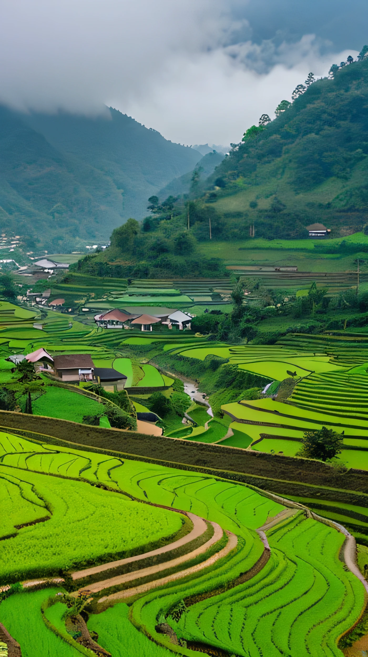 Large expanses of terraced fields, mountains, huts, with rice fields, rice fields, neat rice seedlings in the fields, misty rain, villages, agriculture, in the tranquil landscape, misty weather, in the vast tranquil landscape, in the early morning, in the morning mist, behind a small village, mist, Indonesia countrys.