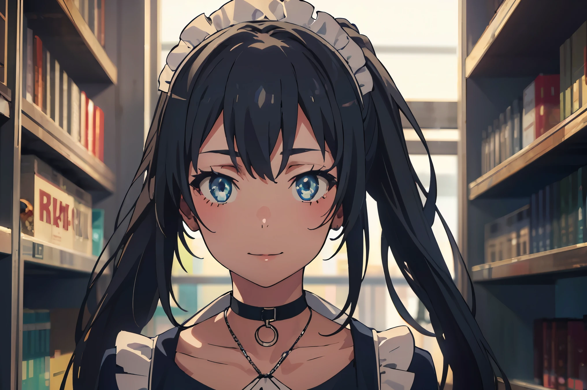 score_8_up, score_7_up, source_anime,1 girl, solo, hair_ponytail ribbon,Black hair, eyes blue, long hair, smile , Yukinoshita Yukino 
BREAK (black dress ,maid headdress, maid apron, maid dress,white collar ,necklace,long_sleeves,maid,collarbone,choker,fingerless_gloves:1.2)
BREAK gym storeroom,
BREAK (looking at viewer, standing from below:1.1),
BREAK (masterpiece:1.2), best quality, high resolution,NSW ,unity 8k wallpaper, (illustration:0.8), (beautiful detailed eyes:1.6), extremely detailed face, perfect lighting, extremely detailed CG, (perfect hands, perfect anatomy),