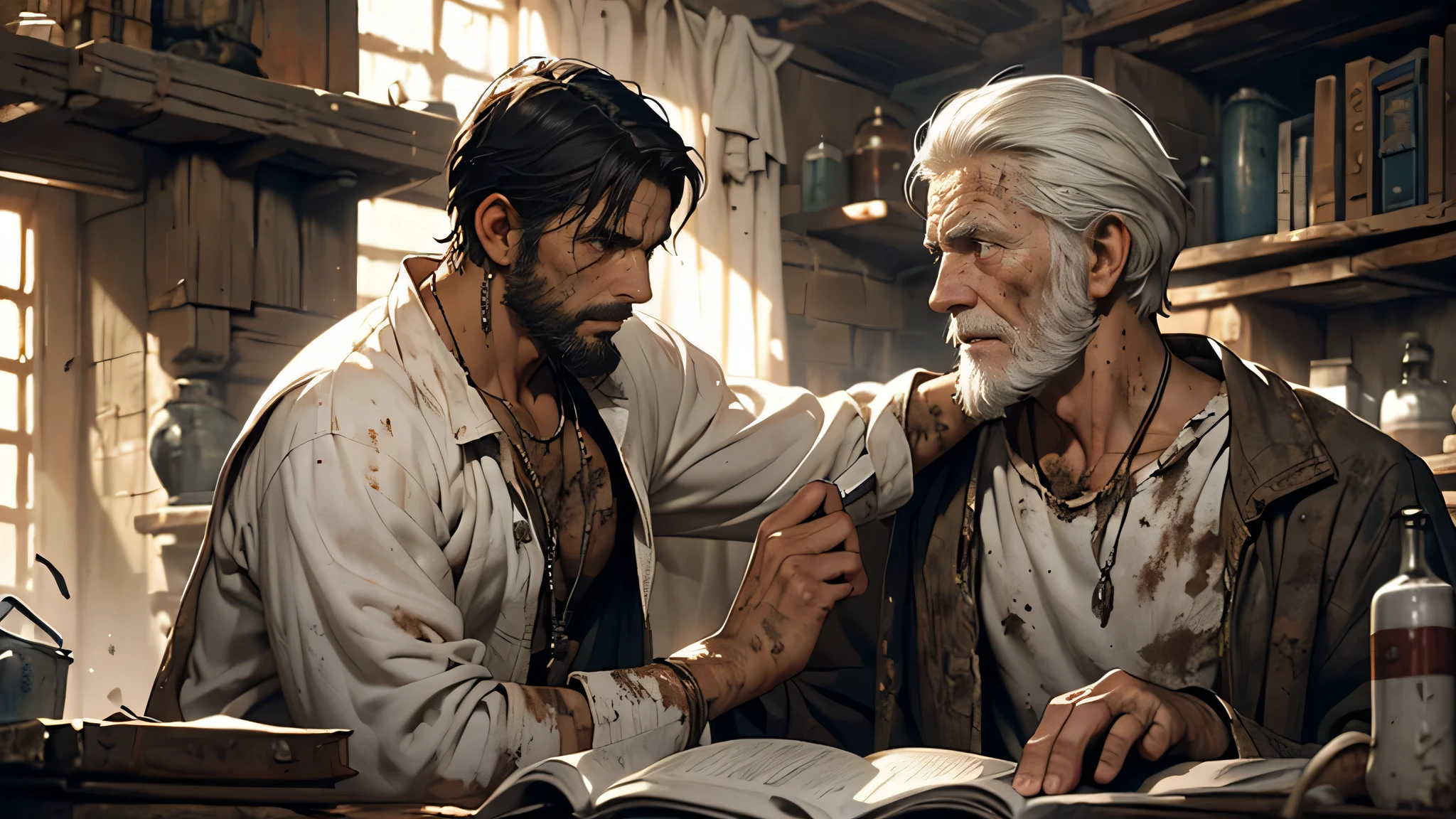 a black-haired man dressed in shabby white clothes, in a cramped, dirty and dirty prison, sad face, talking to an old man in his 80s, conditions in a cramped and shabby dungeon, medieval fantasy theme.