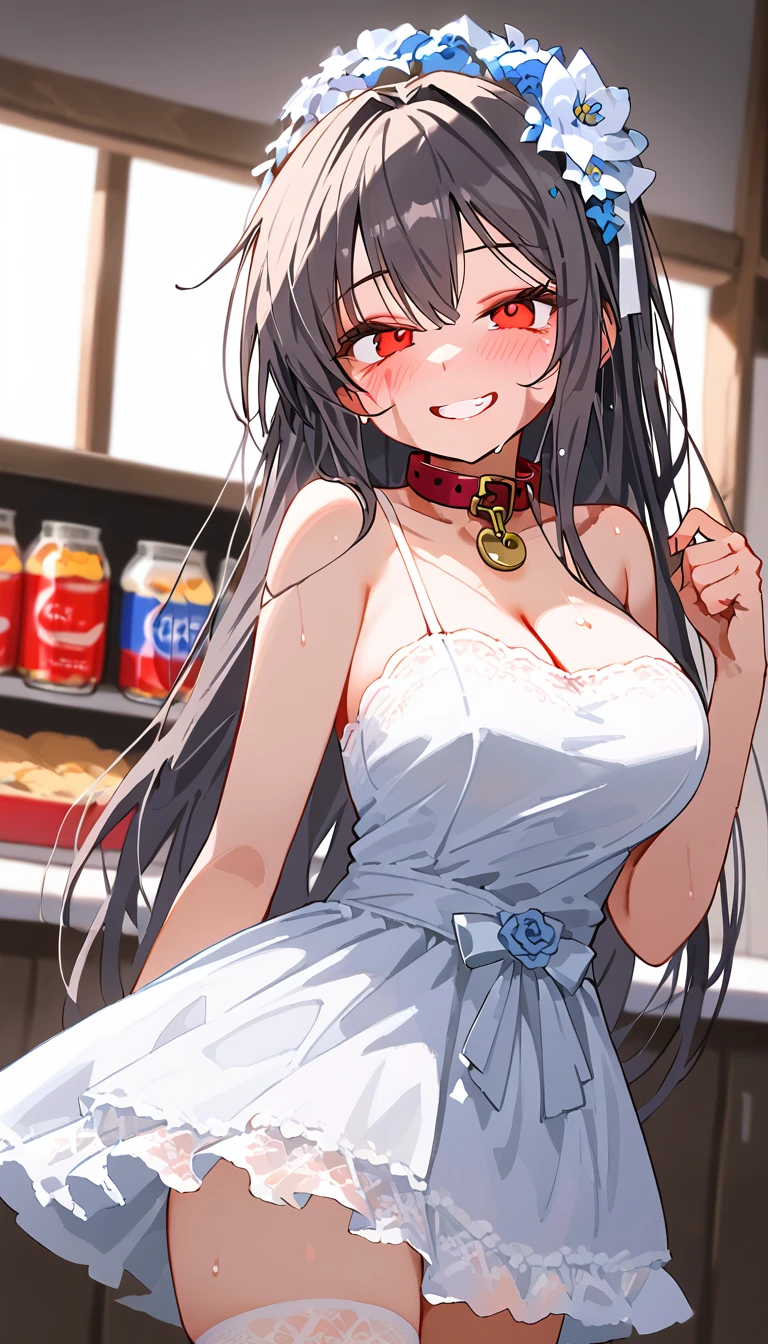 The focus is on one girl, (red eyes:1.3), collar, overall details, Miko, (masterpiece, that&#39;ridiculous), sauce_japanese manga, big breasts, dark gray hair, long hair, bags under eyes, scar, burn scar, side shot, blurry, can&#39;Please do not give up, adorable, My cheeks turned red, grin, close your eyes, open your mouth,  White lace mini skirt wedding dress, have flowers, Wet skirt hem, Sticky panties, white lace stockings, Wedding Food, throw, highest quality, is a retail store, rough skin, masterpiece, UHD, 8K