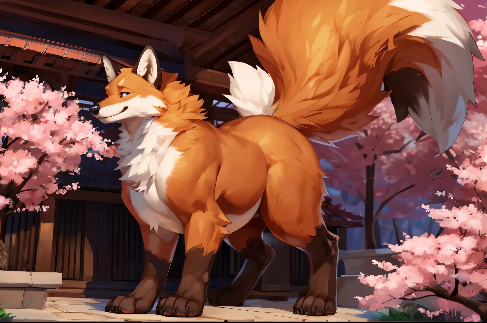 4k ultra quality, 4k full body view,(ultra high detailed body), fox, detailed body,by mystikfox61, by glitter trap boy,feral paws, by bebebebebe,by morethreedee, by seibear,(thick thigh),(chubby thigh),thicc thigh,thick legs,chubby legs,thicc legs,massive butt,enomorous thigh,massive thigh,massive legs,thick lower legs,wide legs,(detailed thigh),(wide thigh),fluffy belly sharp nails,((sfw)),(ultra detailed face),detailed eyes,big tail,fluffy tail,(detailed tail),enomorous tail,bigger tail,huge tail,volumetric light,muscle legs,big paws,(thick paws),fluffy paws,furry paws,enomorous paws,(animal focus), beast,standing,(bigger lower body),strong lower body,(long legs),front view,master works, super fine, 4k resolution, high quality,high picture detail,dark fantasy,illusory engine, Masterpiece,dire fox,feral belly,muscular feral,faint lighting,white fur,red ropes,sakura,shrine,cute face,pink clouds,macro,giga