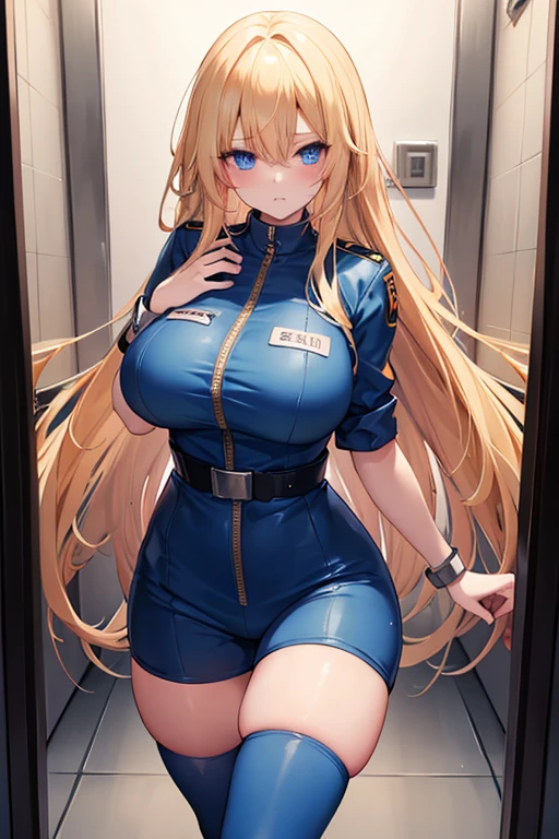 blonde hair, long hair, blue eyes, orange jumpsuit, prison uniform, prisoner, prisoned, jailed, jail cell, huge breasts, handcuffed, chained