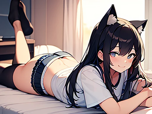 masterpiece, best quality, 1girl lying on stomach looking back from behind looking at viewer, shirt, short shorts, cat ears, smile