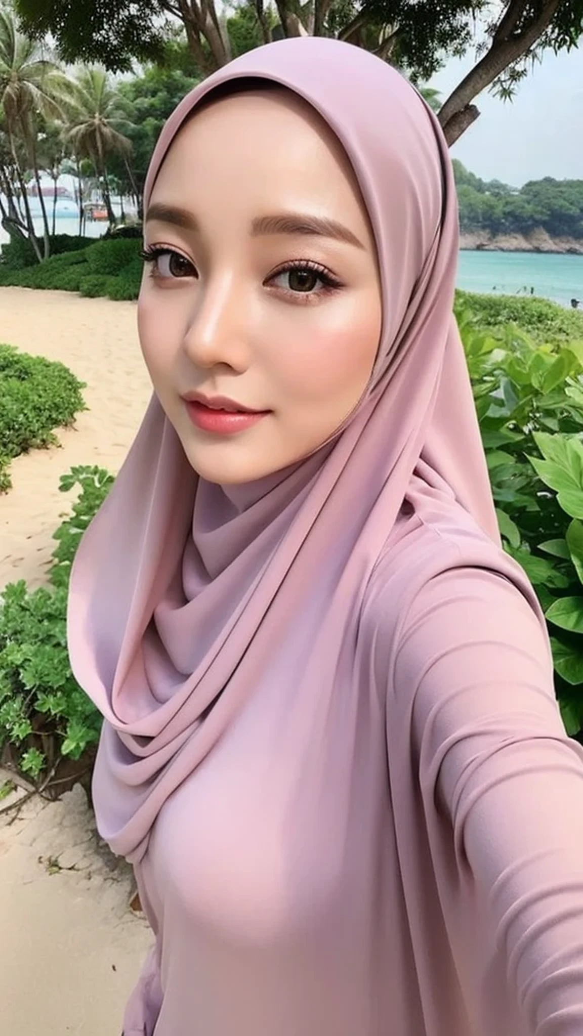 Realistic, ultra sharp, Beautuful Women、hijab, indonesian, beach、selfee、The face is cute、Vanrak Ayyans appears、1 girl, stylish