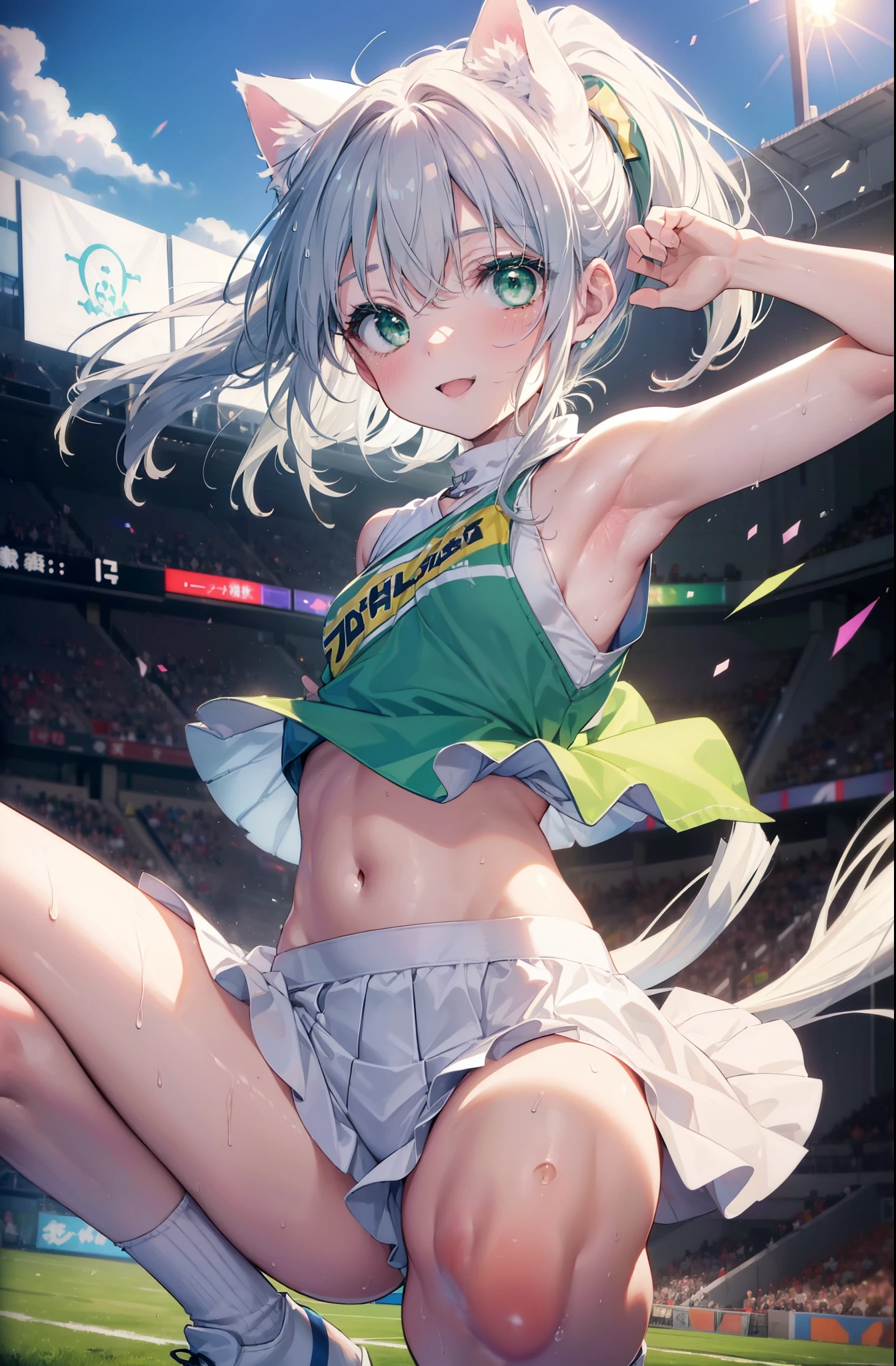 index, index, (green eyes:1.5), silver hair, long hair, (flat chest:1.2),ponytail,smile,blush,open your mouth,(cheer leading), (whole body),animal ears Cat ear,Animal tail cat tail,lower, (sweaty), sweaty Wet Clothes, (white clothes), , Navel support, playground, (jump), (jump), 足を曲げてjumpする, air, blue sky, Grass原, smile,Cheerleader, pom pom \(cheer leading\), Grass, smile,
break looking at viewer, Upper body, whole body,
break indoors, stadium,
break (masterpiece:1.2), highest quality, High resolution, unity 8k wallpaper, (figure:0.8), (beautiful deしっぽed eyes:1.6), extremely deしっぽed face, perfect lighting, extremely deしっぽed CG, (perfect hands, perfect anatomy),