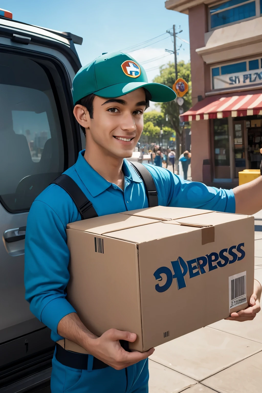 A 4D pixar style Disney human mascot dressed in a delivery man uniform.  with a clearly visible box with the name GenShop Express fast delivery conveying confidence and professionalism.