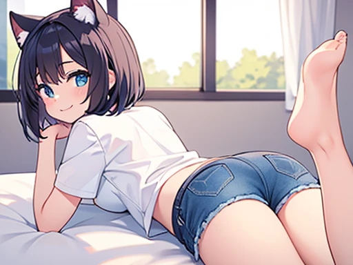 masterpiece, best quality, 1girl lying on stomach looking back from behind looking at viewer, shirt, short shorts, cat ears, smile