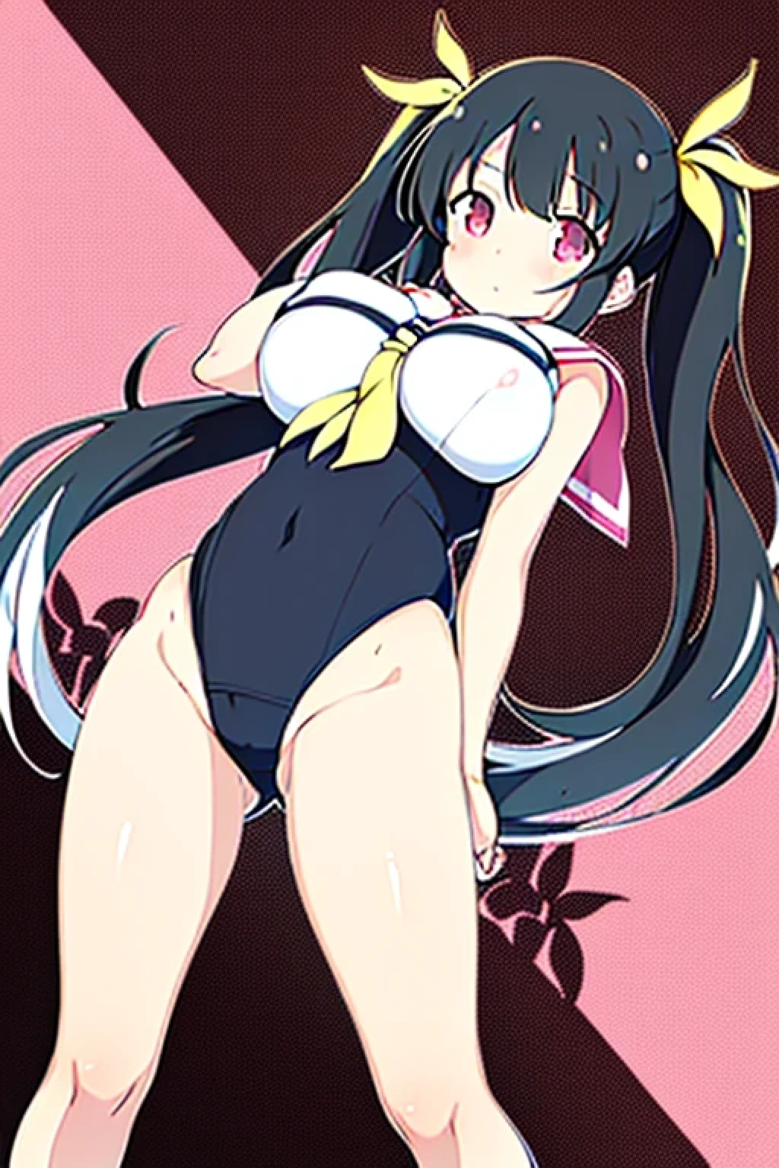 (twin tails,long hair),((big breasts)),standing position,girl,((Loli)),(Senran Kagura), black hair,exposed arms,High leg,leotard,sailor suit.close legs,((pink colored inner hair)),under hair,