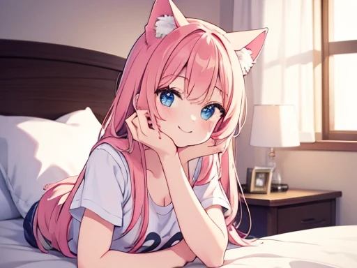 masterpiece, best quality, 1girl lying on stomach looking at viewer, shirt, short shorts, cat ears, smile