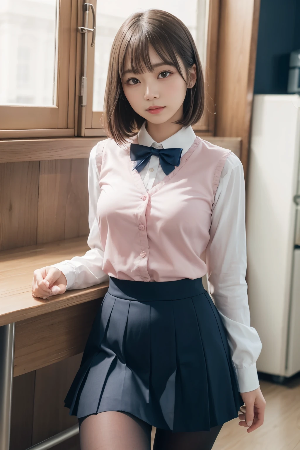 A girl wearing a pink blouse and a black high leg bloomers,the gap moe is characteristic