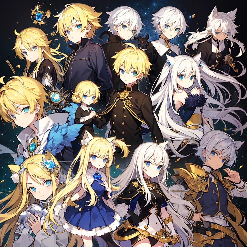 Must be clear,Blonde hair with some silver highlights,Dark blue eyes with some dark tints,Clothes mixed with gold and azure,A blue diamond-shaped gem on the chest,A phantom black cat follows me,Holding a special silver bell in hand,The boy looked at the black cat with nostalgia.(seven deadly sins)I just want one person