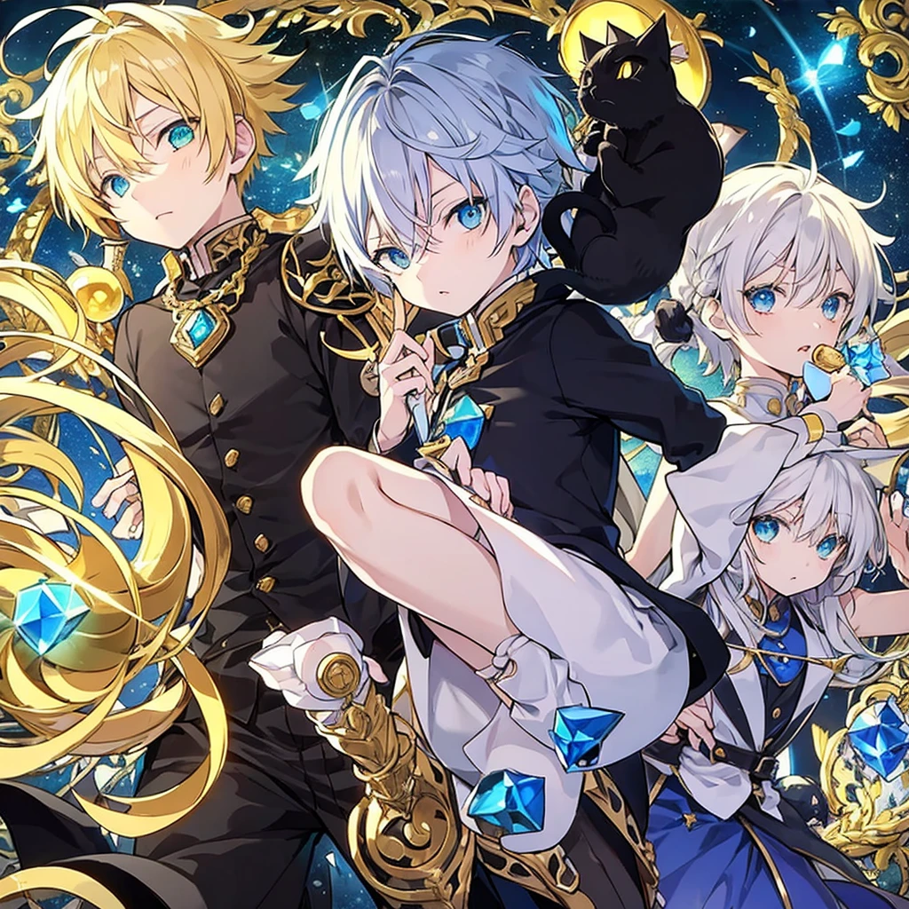 Must be clear,Blonde hair with some silver highlights,Dark blue eyes with some dark tints,Clothes mixed with gold and azure,A blue diamond-shaped gem on the chest,A phantom black cat follows me,Holding a special silver bell in hand,The boy looked at the black cat with nostalgia.(seven deadly sins)I just want one person