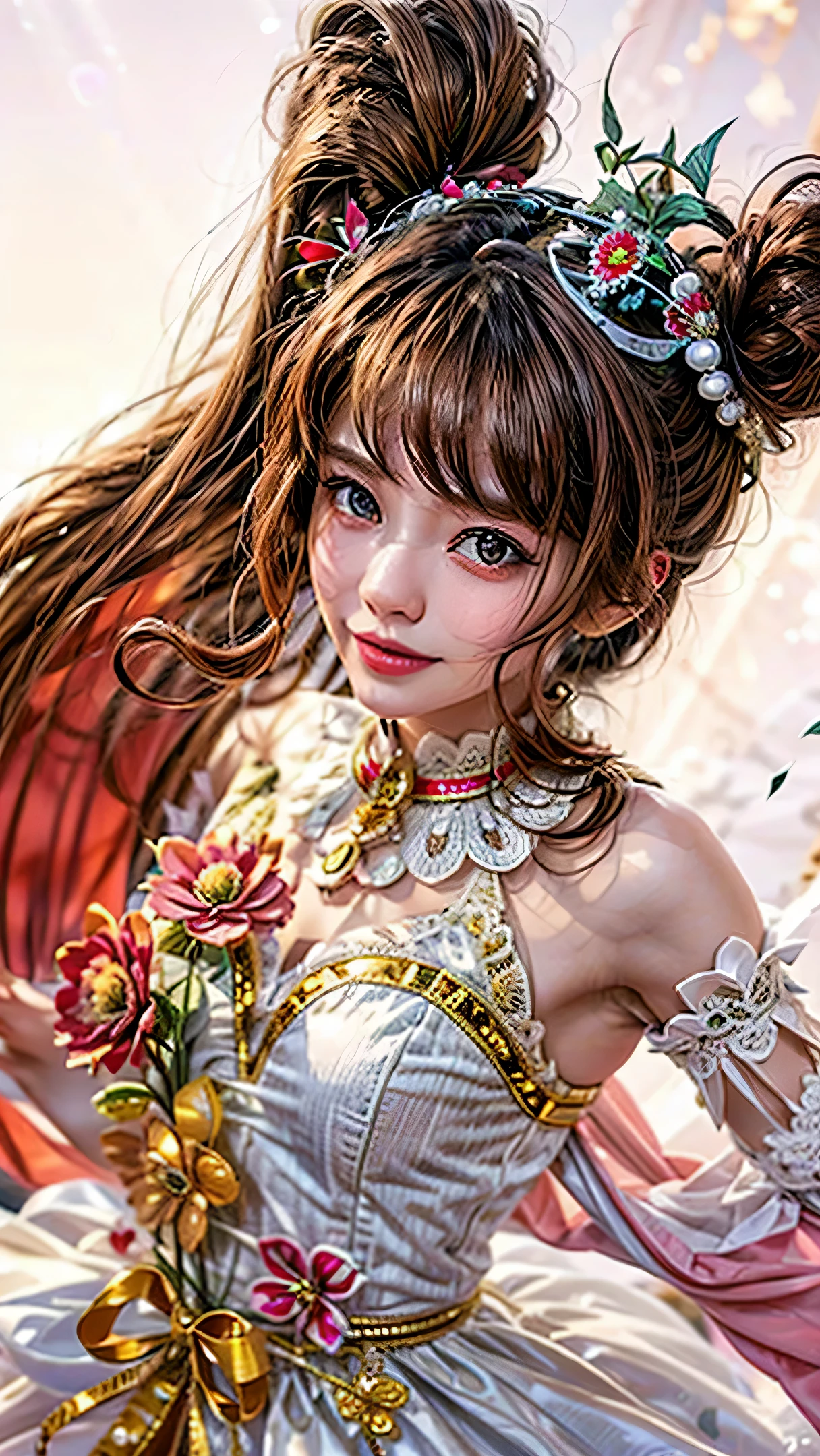 RAW photo, dynamic angle, highly detailed, soft light, 1girl, pale skin, korean, 18 years old, innocent, smile, brown pink hair, brown eyes, glowing light, god rays, drop shadow 8k, masterpiece.