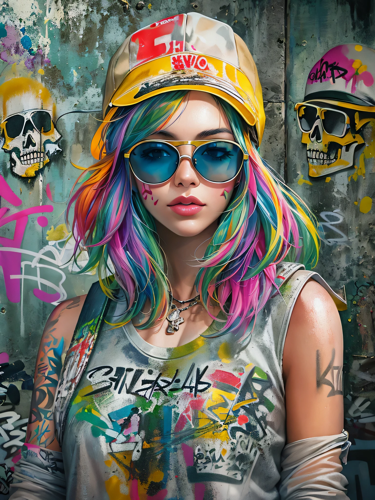 8K quality, watercolor painting, stylish design, (((The strongest beautiful girl of all time))), gal, Stylish sunglasses, Fashionable hats, (((highest quality))), bob hair, Place your hands on the wall, HDR, Detailed details, skull fashion, detailed clothing texture, (((graffiti art))), colorful hair, ((masterpiece))、((Super detailed))