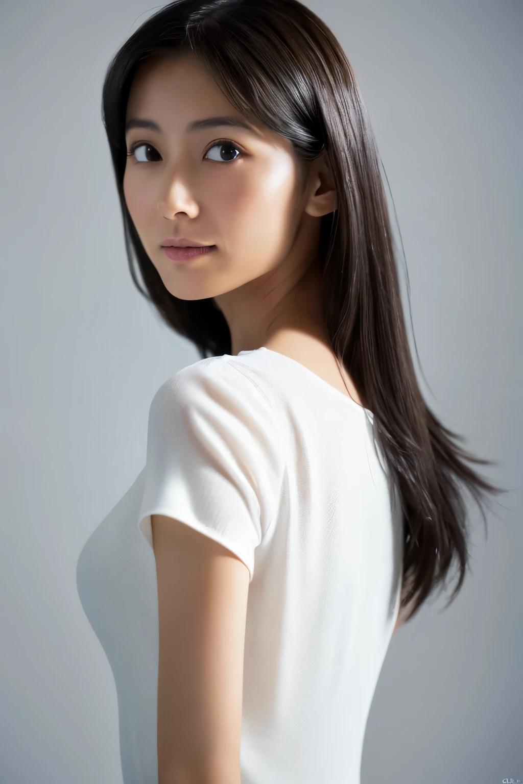 ((highest quality, 8K, masterpiece:1.3)), ultra high resolution, (photorealistic:1.4), raw photos, Skinny Japanese woman, age 30s, Cute face, (detailed face), (detailed eyes), very thin waist, (Highly detailed skin texture), correct state of the human body, black straight hair, various poses, shot from behind, shot at front of white wall, look at the wall, professional lighting, angle from behind, actress, white blouse