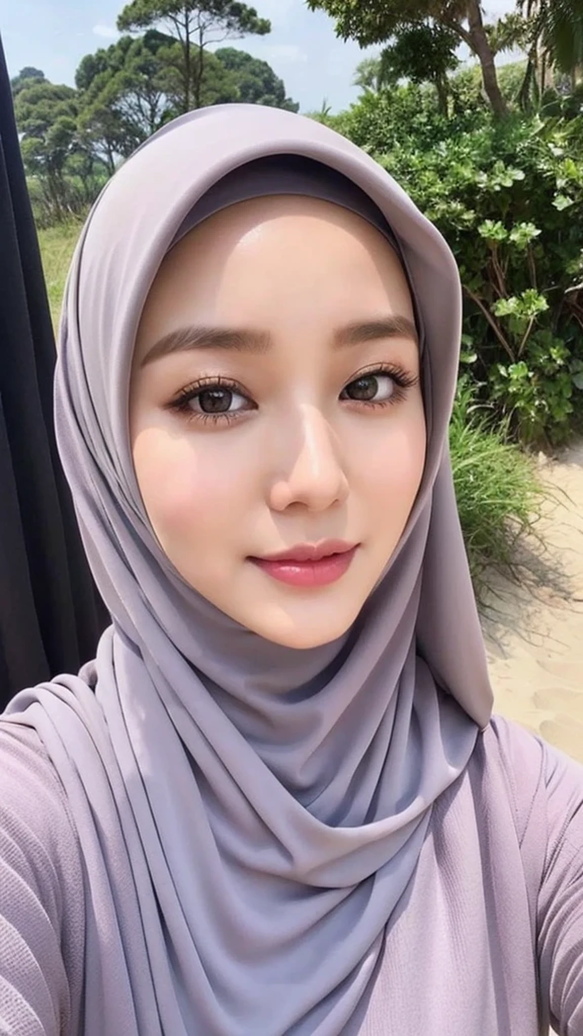 Realistic, ultra sharp, Beautuful Women、hijab, indonesian, beach、selfee、The face is cute、Vanrak Ayyans appears、1 girl, stylish