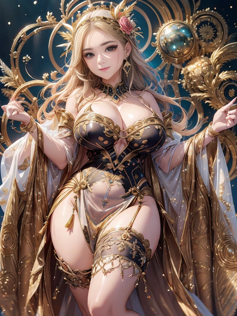 過去最高のmasterpiece、beautiful美しさ, 3D, rich, blonde, skirt, stockings, high heels, star、(Highly detailed CG Unity 8K wallpaper),(masterpiece), (highest quality), (Super detailed), (best work),(best shadow), (8K,Raw photo),mature woman、sensual curves、お尻のmasterpiece, full body shot, beautiful女性, enchanting smile, thick lips, plump lips, looking at the viewer, provocative expression, beautiful髪型, cleavage, Plump、curvy hips、attractive face、sexy dress、an inviting gaze、expression of emotions、(((erotic dress)))、gorgeous accessories 、big breastsの女性, golden hair, colored feather, metal ornaments, colored flowers, particle, light, (1 girl:1.3),(fractal art:1.1),(colorful:1.1)、(flowers:1.3),most detailed,(tangled:1.2), (dynamic pose), (abstract background:1.3), (shiny skin), (lots of colors :1.4), ,(earrings:1.4), (feather:1.4),masterpiece, highest quality, Super detailed, 30~40 years, full body shot, beautiful 、different hairstyles,gold headband,plump breasts,greek clothing,Tulle covers the chest,perfect balance, Costume details,cinematic lighting, film grain, high detail, openwork decoration,(((colorfulな最高級ドレス)))、(((解剖学的に正しいbody))) ,big breasts,cowboy shot, blush, (((1 girl))), perfect face, (((highest quality))), (Super detailed), detailed face and eye, (alone), High resolution、beautifuleye,(((sexy pose)))、(((整ったbig breasts)))、((beautiful eye))、luxury、(((超High resolution)))、(((detailed description)))、(((ぽっちゃりbody型)))、(((解剖学的構造に一致したbodyの部位)))、beautiful長いまつ毛、バランスのとれたbody型,The legs and arms are just the right size.、Fishnet tights、glamorous、(((Clear white and black eye)))、lipstick、Sparkling、(Undistorted face, eye, body)、jewelry、gem、(長くカールしたbeautifulまつ毛)、(((バランス良いbeautiful胸)))、(transparent, Exquisite skin:1.2)、(((完璧なglamorousボディー)))、actress face、Super beautiful、cute smile、Healing beauty、flower shower、(((完璧なeye)))、realistic representation、super sexy、shiny、glamorous、double eyelids、Excellent dark correction、(((ぼやけていないeye)))、(((Plump face)))、cute face 、(((shiny輝く肌))) 、(((gorgeous long dress)))、,(((elaborately decorated long dress)))、(((finest long dress)))、Soft smile、clear eyes、(((wear a lace shawl)))