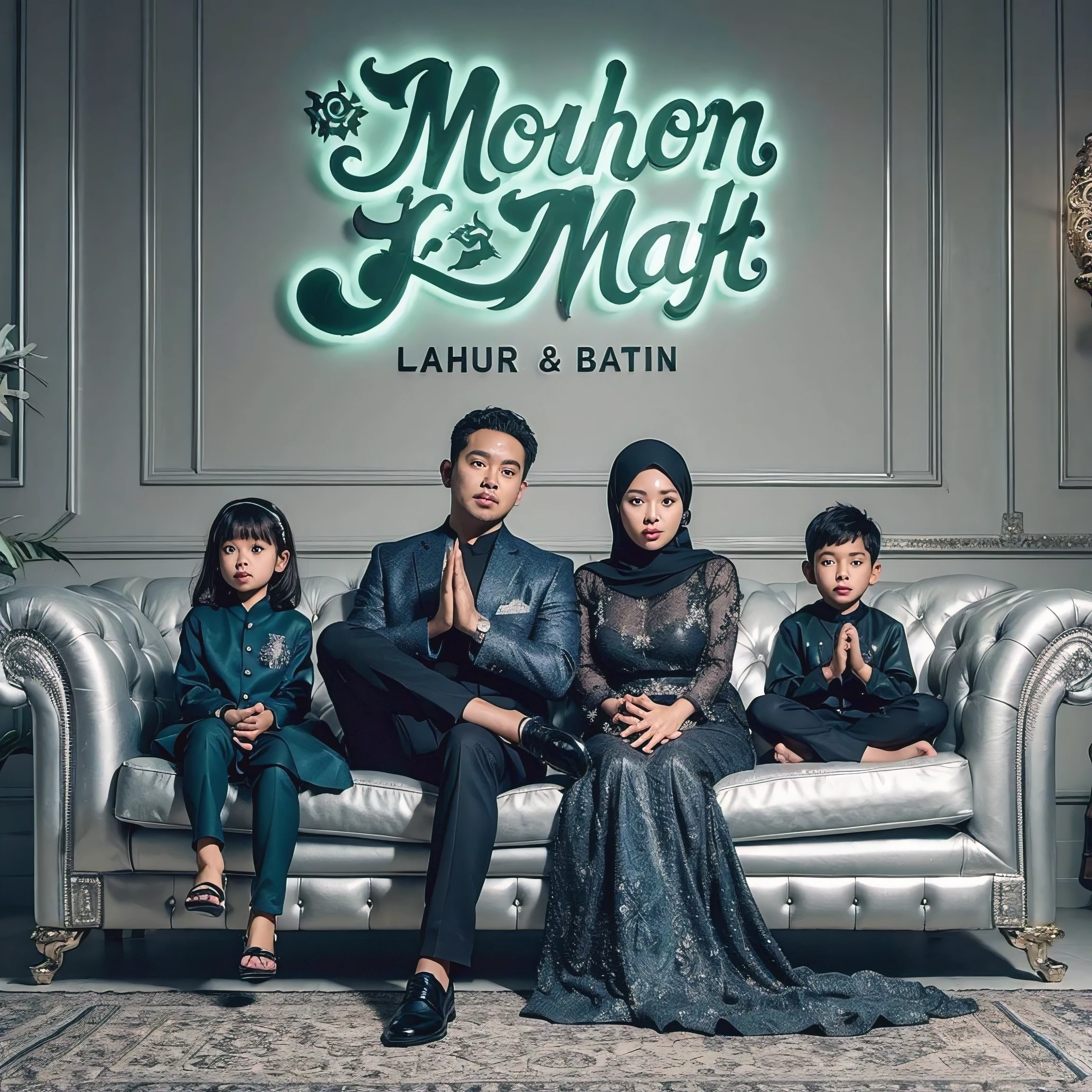 studio photo medium shot of an Indonesian couple posing sitting on an elegant and luxurious silver sofa. Husband 40 yo clear face, fat wife 35 yo, , and a boy 4 years old,nd, blue and black couple clothes. On the wall there is a 3D writing "mohon maaf lahir & batin" in shiny green font. ultra high quality with a television on the background