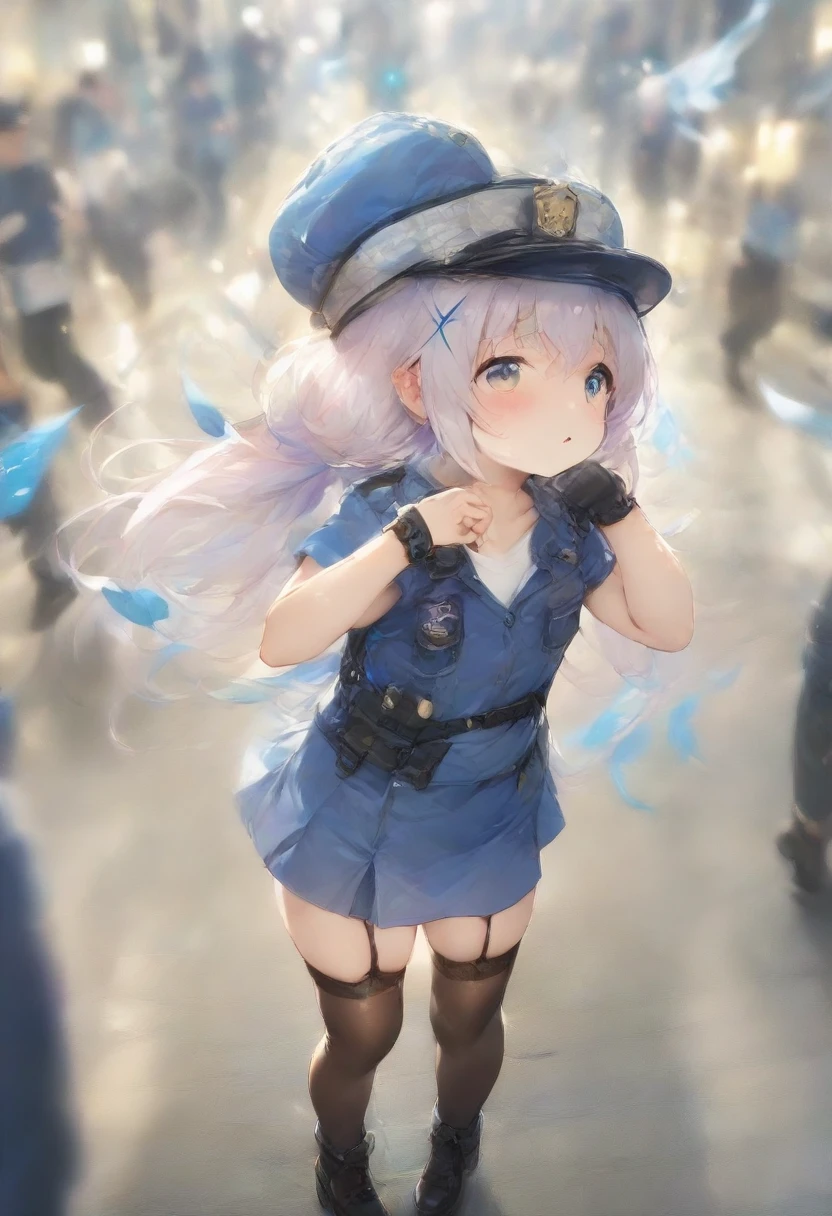 masterpiece, best quality, very aesthetic, absurdres, full body shot,(police costume:1.3), (button gap:0), police skirt, police cap, stockings with garter, on the crowed street, spirit of the wind, 1girl, kafuu chino, gochuumon wa usagi desu ka?