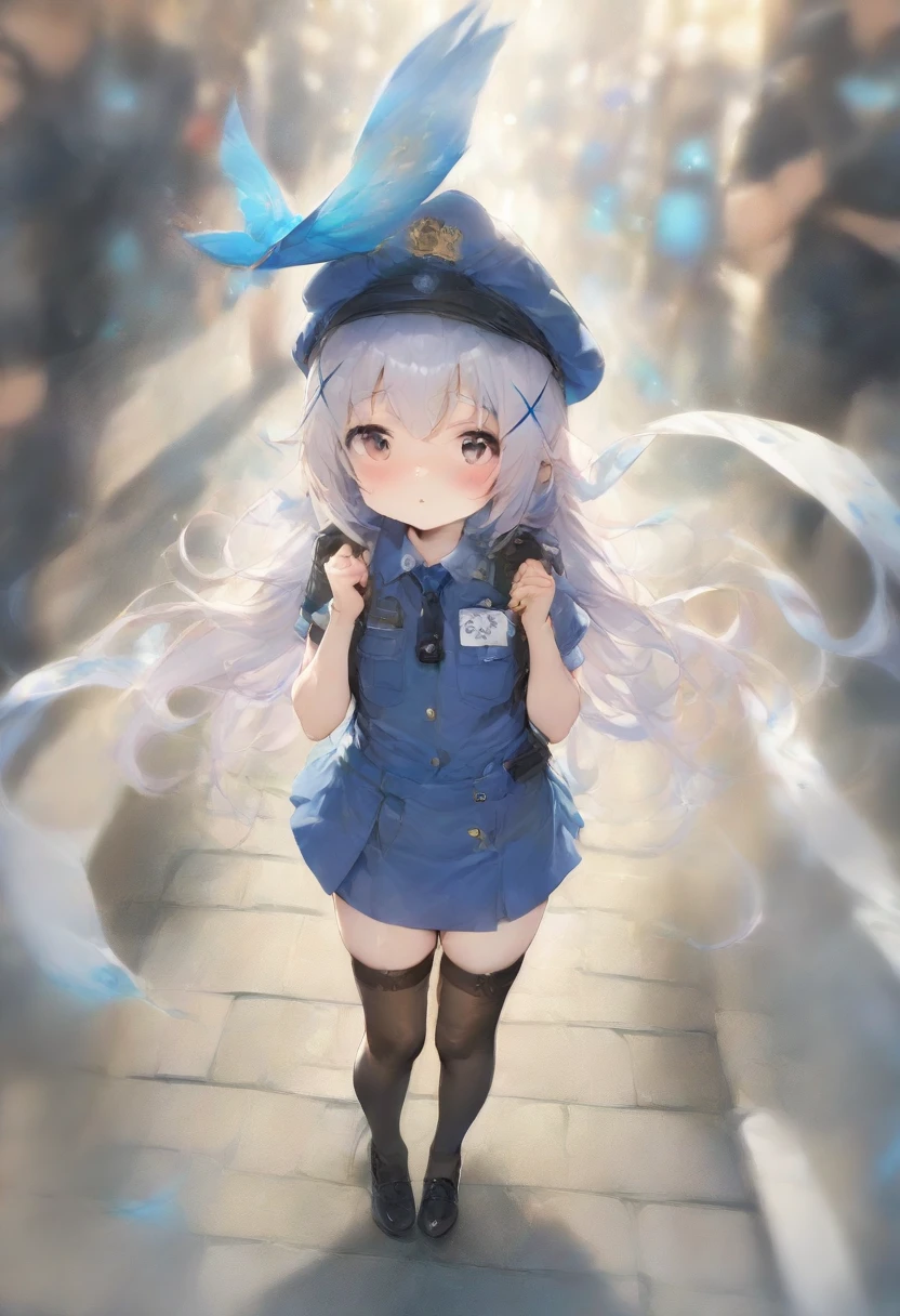 masterpiece, best quality, very aesthetic, absurdres, full body shot,(police costume:1.3), (button gap:0), police skirt, police cap, stockings with garter, on the crowed street, spirit of the wind, 1girl, kafuu chino, gochuumon wa usagi desu ka?