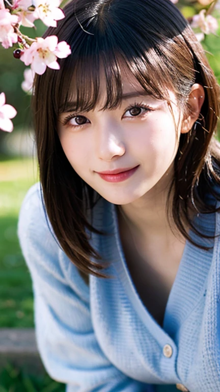 (highest quality,masterpiece:1.3,ultra high resolution),(Super detailed,caustics,8K),(realistic:1.4,RAW shooting),18-year-old,cute,japanese idol,Black hair half-up,Looking at camera with a smile,squatting position,big breasts,cardigan,knit dress,(flower garden),(low position:1.2),(Low - Angle:1.2),(face focus:1.2),(close up of face:1.2),Natural light,(Lens flare),professional writing,(Cherry Blossomを愛でる少女:1.3), (Cherry Blossom), (blue sky), dramatic lighting, great atmosphere