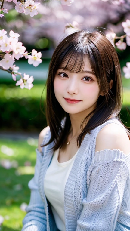 (highest quality,masterpiece:1.3,ultra high resolution),(Super detailed,caustics,8K),(realistic:1.4,RAW shooting),18-year-old,cute,japanese idol,Black hair half-up,Looking at camera with a smile,squatting position,big breasts,cardigan,knit dress,(flower garden),(low position:1.2),(Low - Angle:1.2),(face focus:1.2),(close up of face:1.2),Natural light,(Lens flare),professional writing,(Cherry Blossomを愛でる少女:1.3), (Cherry Blossom), (blue sky), dramatic lighting, great atmosphere