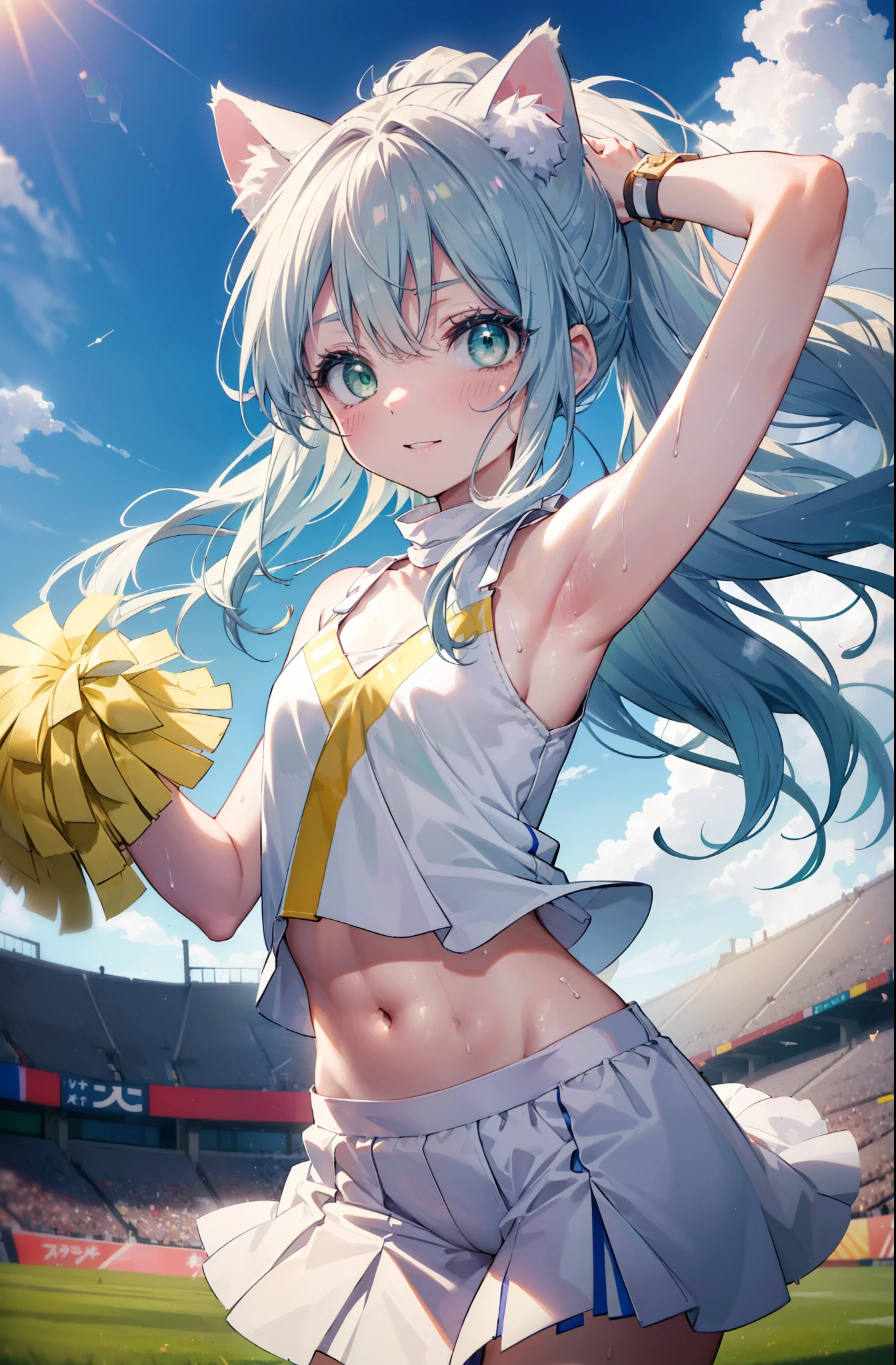 index, index, (green eyes:1.5), silver hair, long hair, (flat chest:1.2),ponytail,smile,blush,open your mouth,(cheer leading), (whole body),animal ears　 Cat ear,Animal tail　cat tail,lower, (sweaty), sweaty Wet Clothes, (white clothes), , Navel support, playground, (jump), (jump), 足を曲げてjumpする, air, blue sky, Grass原, smile,Cheerleader, pom pom \(cheer leading\), Grass, smile, 
break looking at viewer, Upper body, whole body,
break indoors, stadium,
break (masterpiece:1.2), highest quality, High resolution, unity 8k wallpaper, (figure:0.8), (detailed and beautiful eyes:1.6), highly detailed face, perfect lighting, Very detailed CG, (perfect hands, perfect anatomy),