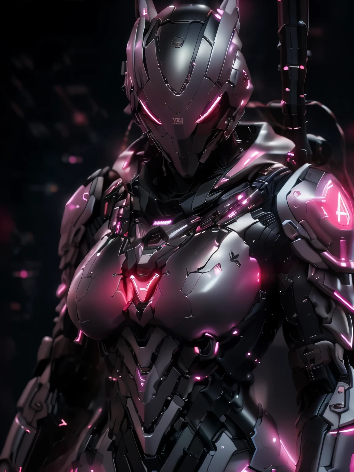 ((best quality)),ridiculous,(ultra high resolution),octane rendering, Miss, War Armor套装, Cyber Helmet, neon lights,pink eyes,White,War Armor,huge breasts, slender figure,Upper body, (8k), (masterpiece), (Cinema lighting),