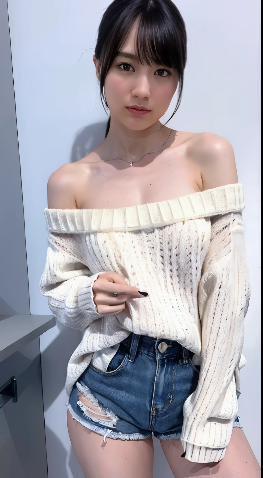 blonde、Big Boo Buster Piece), highest quality, very detailed, (watercolor painting), bloom, delicate and beautiful, figure, (from below),(1 girl:1.4), (alone:1.2), big breasts, (ribbed sweater:1.3), off shoulder sweater, (short shorts:1.2), bare shoulders, (underboob), ((white skin:1.2)), beautiful eyes, (messy hair ), photo shoot, over the shoulder shot, Written by Alex Malev, Professional, canon camera, nikon camera, sharp, Bokeh, studio quality, fisheye lens, Written by Robert Capa ,