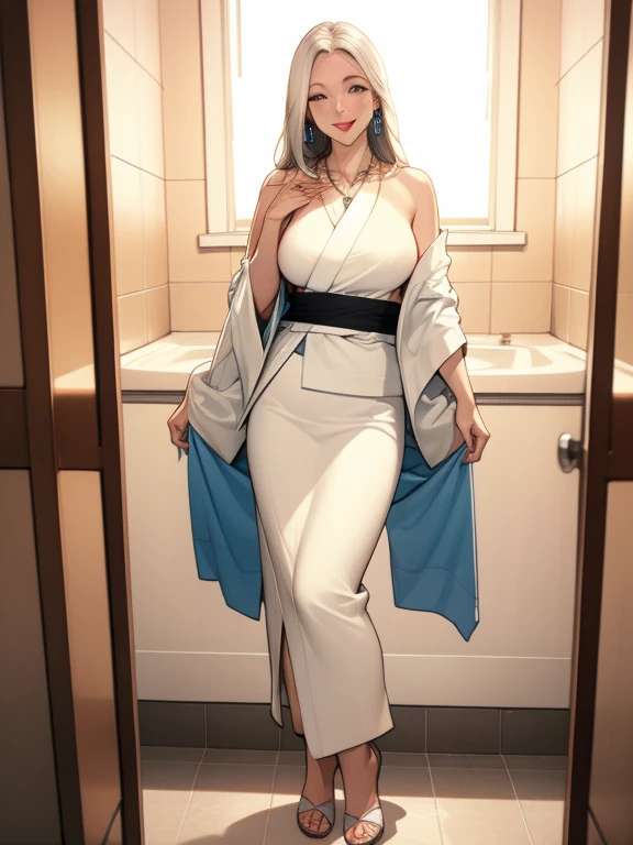 standing in the bathroom, Excited, necklace, earrings, full body, long white hair, white kimono, That&#39;s excellent, ultra high resolution, Raw photo, realism: 1.25), (bright lip gloss, long eyelashes, smooth face , bright skin, natural shadow, wide light, wide light, Depth of the bounds written, strong color, subtle caustics: 0.8), smile, (big breasts), v6