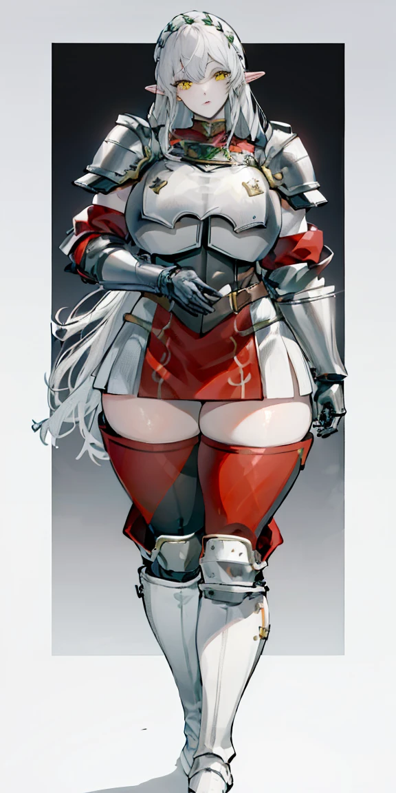 masterpiece, best quality, high quality, 1solo white SKIN elf, long hair, white hair, yellow eyes, full body, breastplate, looking at viewer, shiny, armor, thigh highs, high boots, shoulder armor, faulds, poleyn, gloves, gauntlets