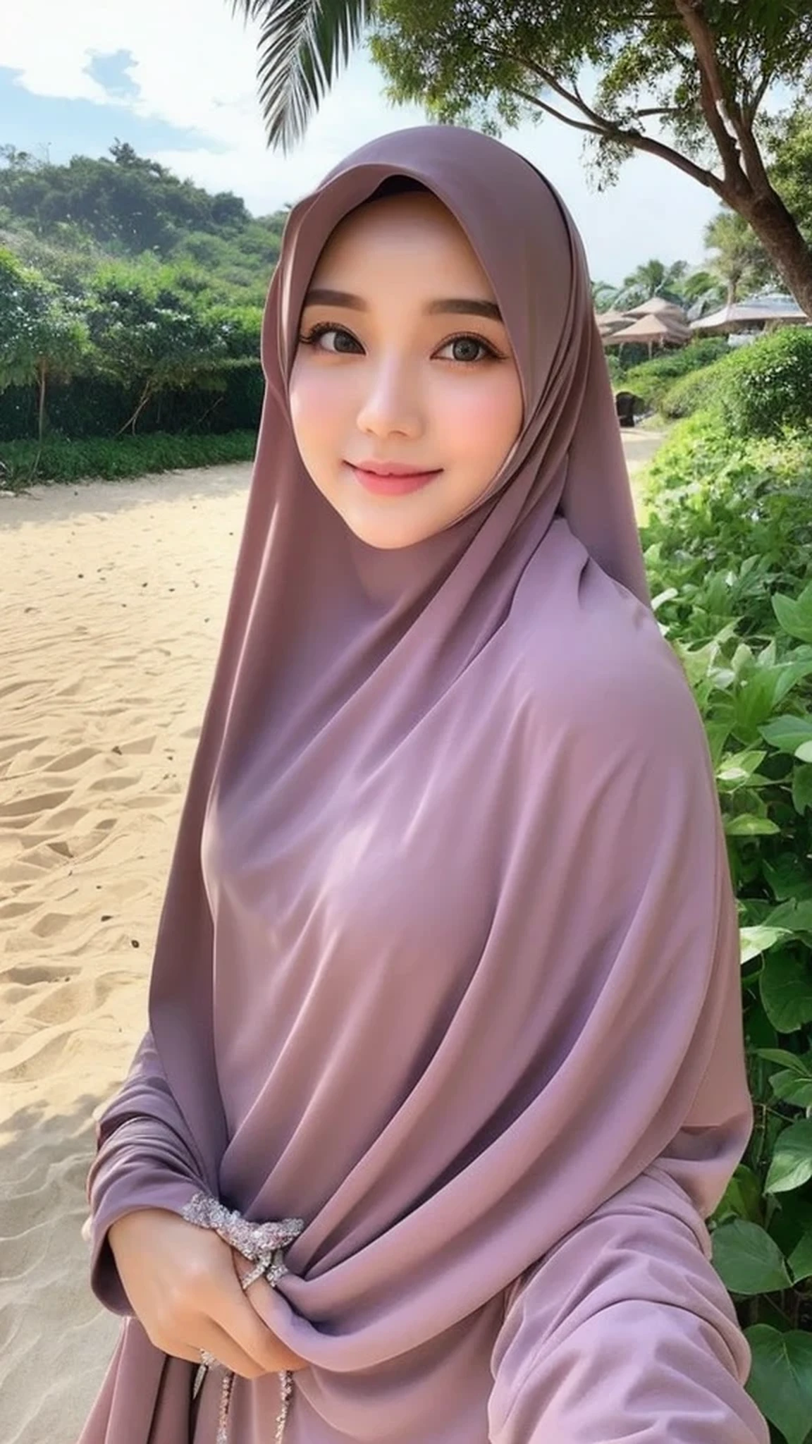 Realistic, ultra sharp, Beautuful Women、hijab, indonesian, beach、selfee、The face is cute、Vanrak Ayyans appears、1 girl, stylish
