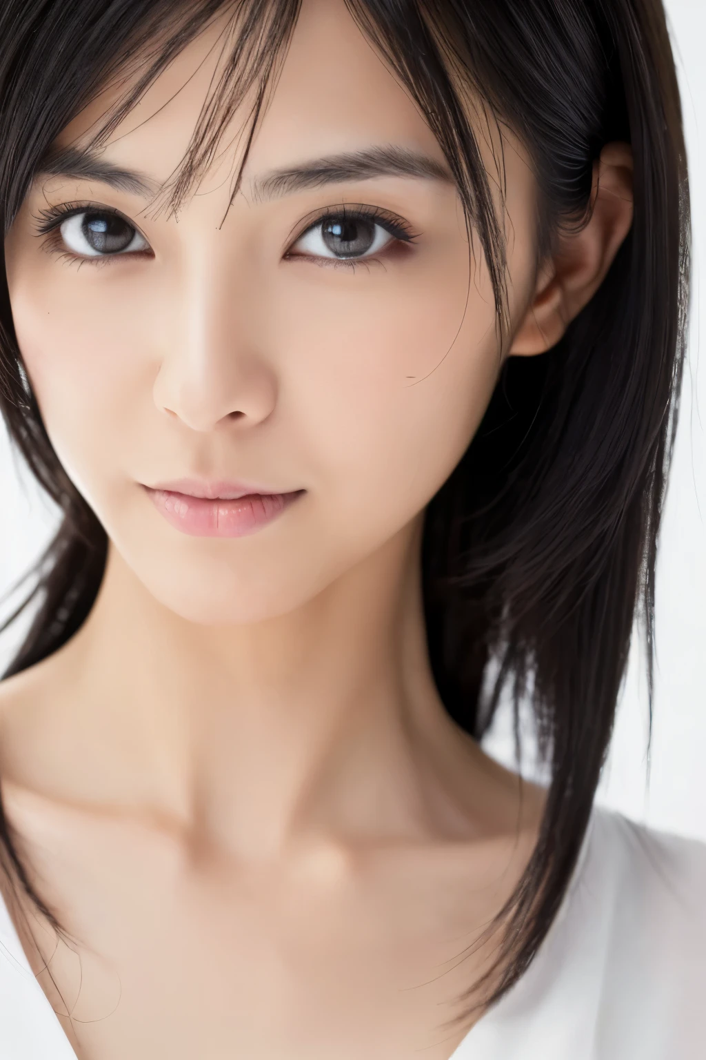 ((highest quality, 8K, masterpiece:1.3)), ultra high resolution, (photorealistic:1.4), raw photos, Skinny Japanese woman, age 30s, Cute face, (detailed face), (detailed eyes), very thin waist, (Highly detailed skin texture), black straight hair, various poses, shot from behind, actress, white blouse