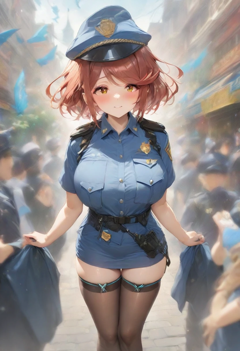 (masterpiece), (best quality), (high res),1girl, red hair, bob hair, red eyes, beautiful detailed eyes, beautiful detailed face, cute face, perfect hands, complete fingers, perfect anatomy, perfect proportions, ((hat, dark blue police hat)), ((leotard, matching leotard, bare legs)), ((boots, matching boots)), breasts, medium breasts, fingerless gloves, (full body portrait), looking at viewer, solo, solo focus, standing, police uniform, cowboy shot, tokyo street station backdrop, indoors, (belt, tight belt), (armbands, white sleeves), happy, hand on hip, smile, diffraction spikes, full body costume design.