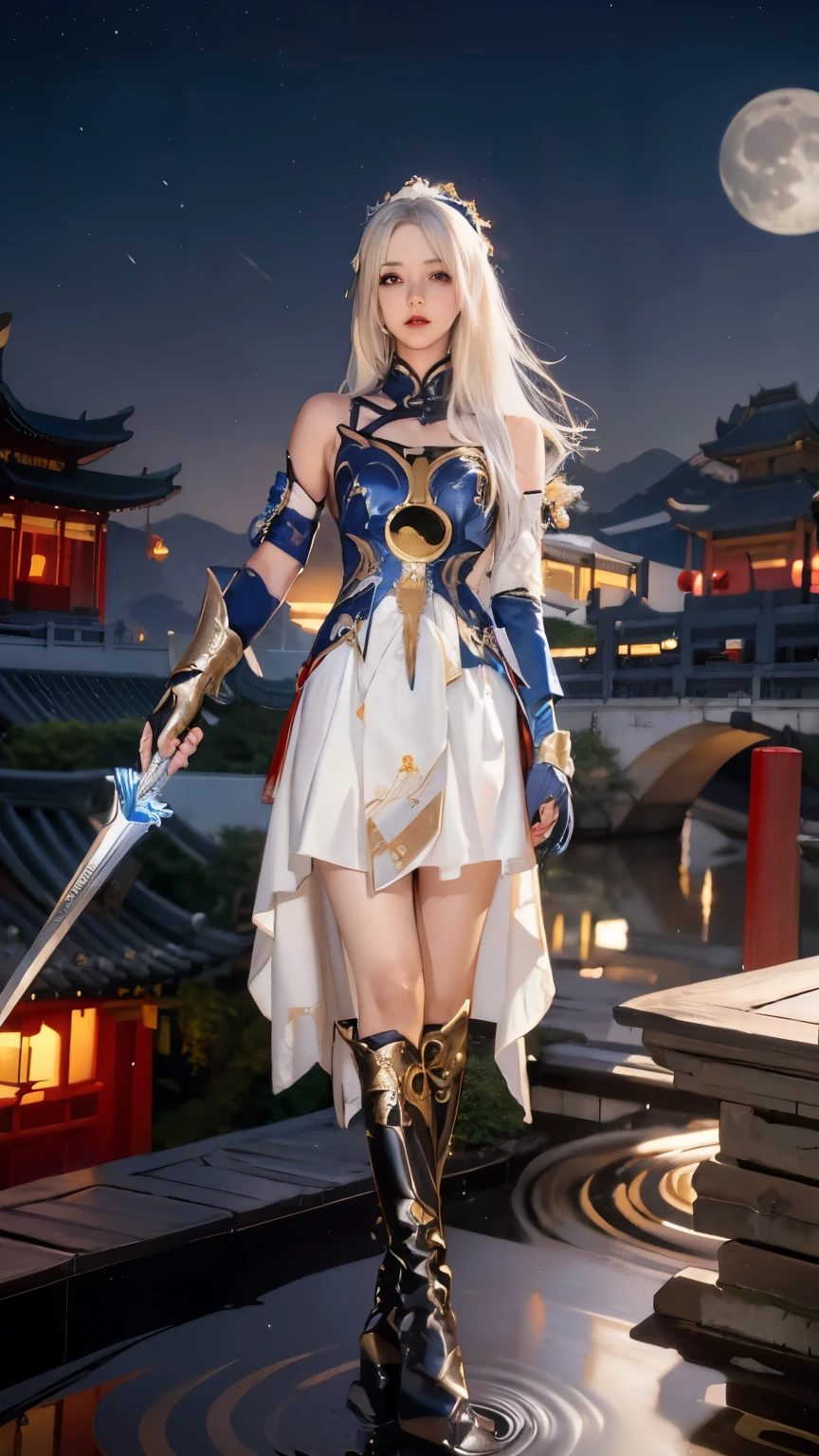 best quality, masterpiece, lifelike, 1 girl, alone, whole body, permanent, hair between eyes, holding sword, jingliu role play costume, white hair, role play, skirt, Chinese clothes, boots, high-heel boots, Detached sleeves, elbow Gloves, Gloves, hair accessories, Chinese garden, water, (night:1.2), moon,