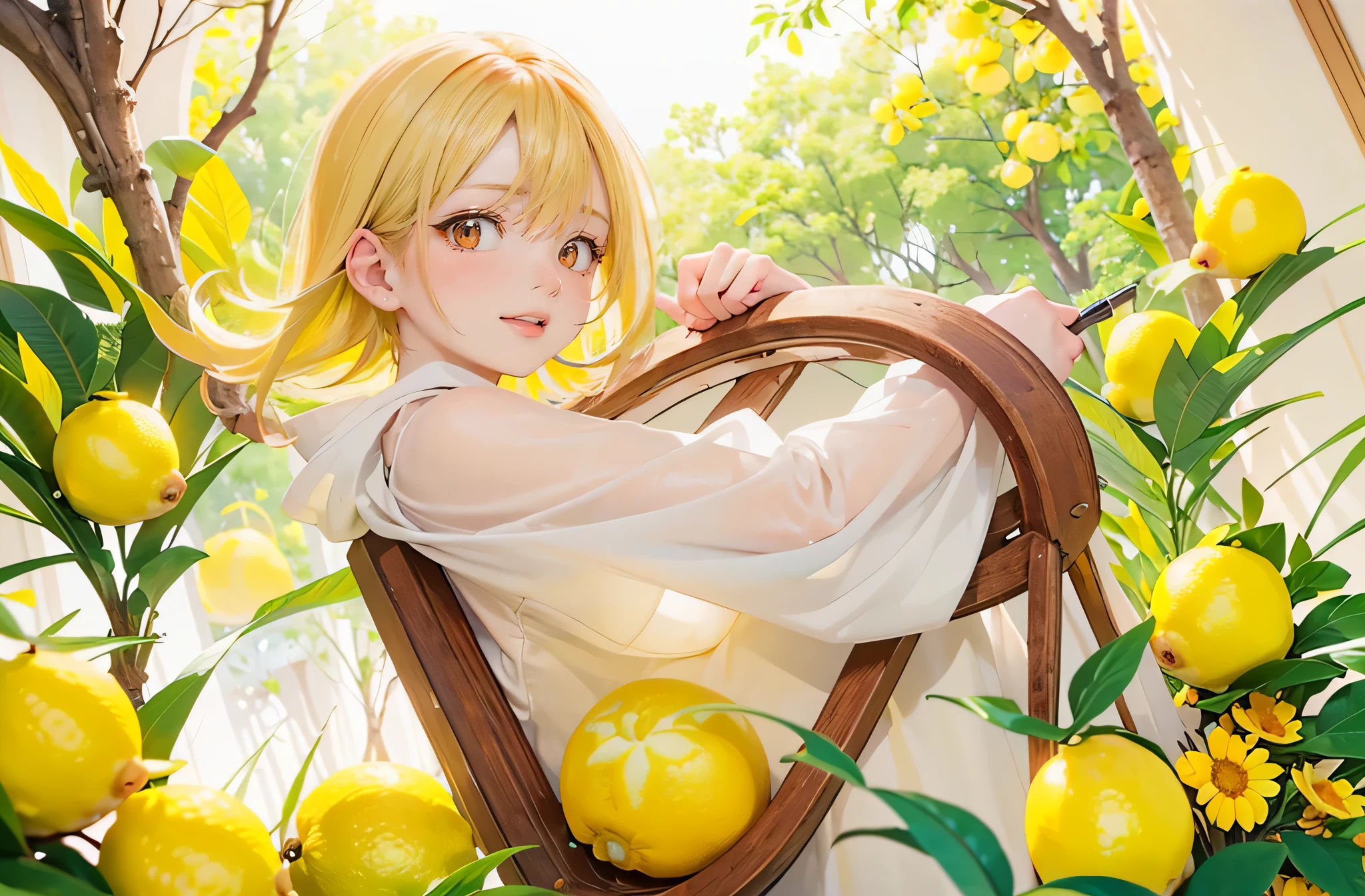 girl, Upper body，perfection，beautiful，bright，very detailed，(Lemon yellow hair:1.3)，(brown eyes:1.3)，fantasy，Clione，Backlight，laughter，high quality，beautiful graphics，high detail