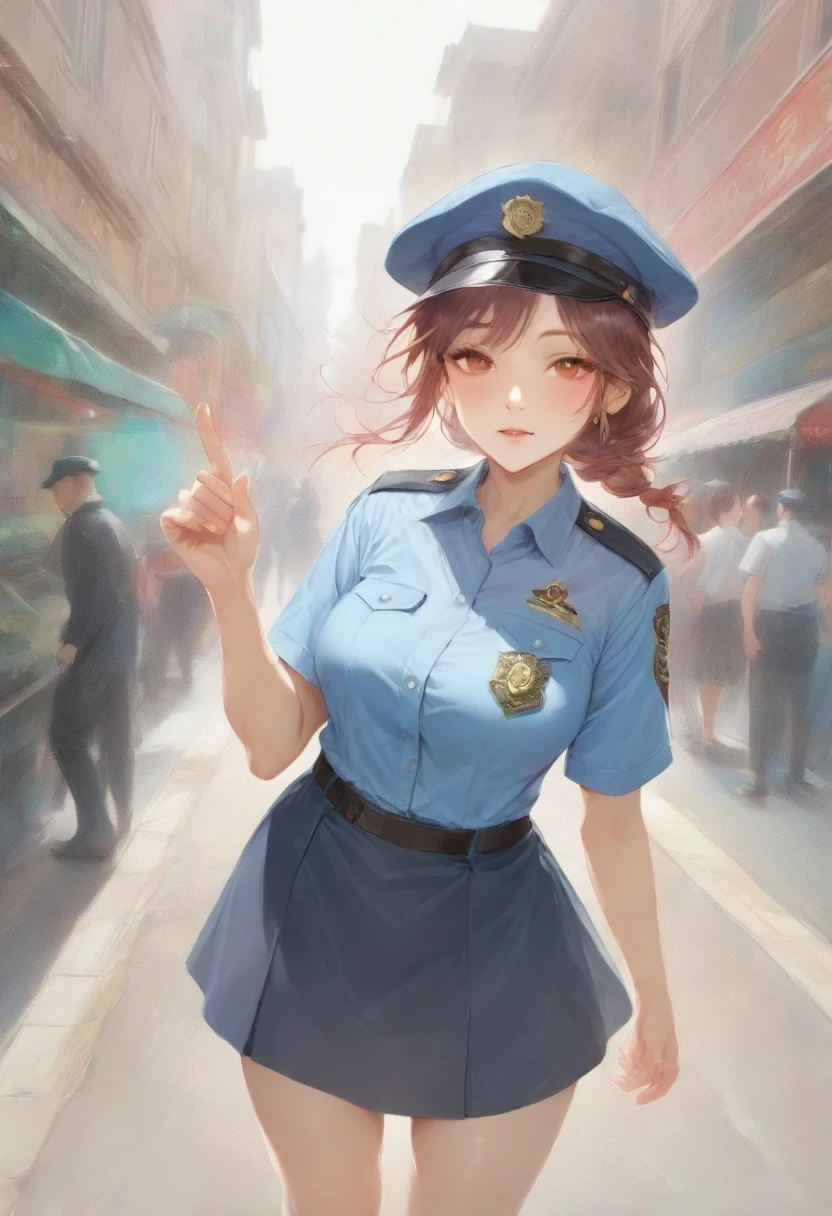 masterpiece, best quality, very aesthetic, absurdres, full body shot,(police costume:1.3), (button gap:0), police skirt, police cap, stockings with garter, on the crowed street, spirit of the wind, 1girl, makima \(chainsaw man\), chainsaw man