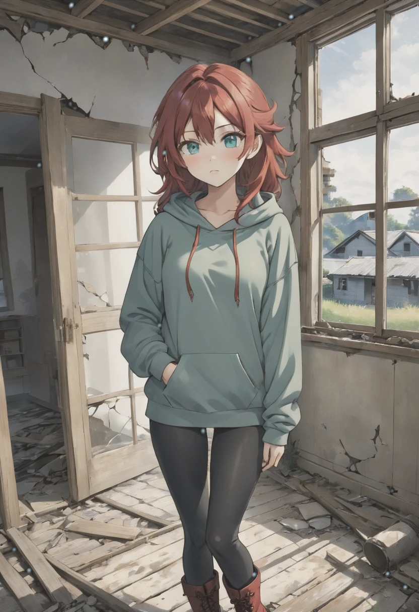 ((High quality)), ((Best quality)), ((Detail)), (Anime girl) with (spiky, long, ash-blonde hair with dyed red hair tips), (Blueish-Grey eyes), (Tan skin), (blushing), (wearing a green hoodie with black leggings and red boots), (Standing in a abandoned and broken down house, while looking at a window) 